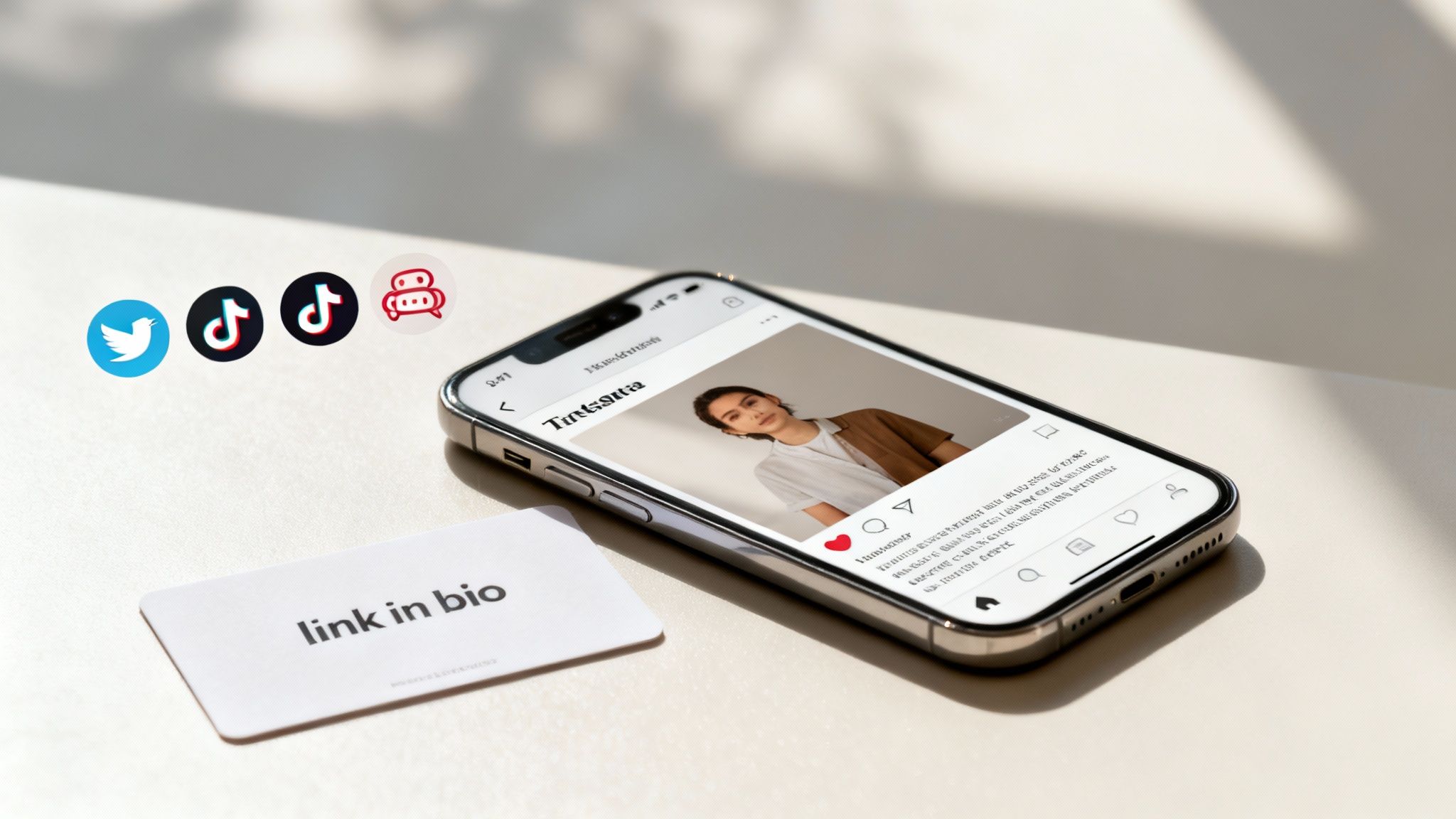 Smartphone displaying a social media profile with a 'link in bio' card and various app icons like Twitter and TikTok.