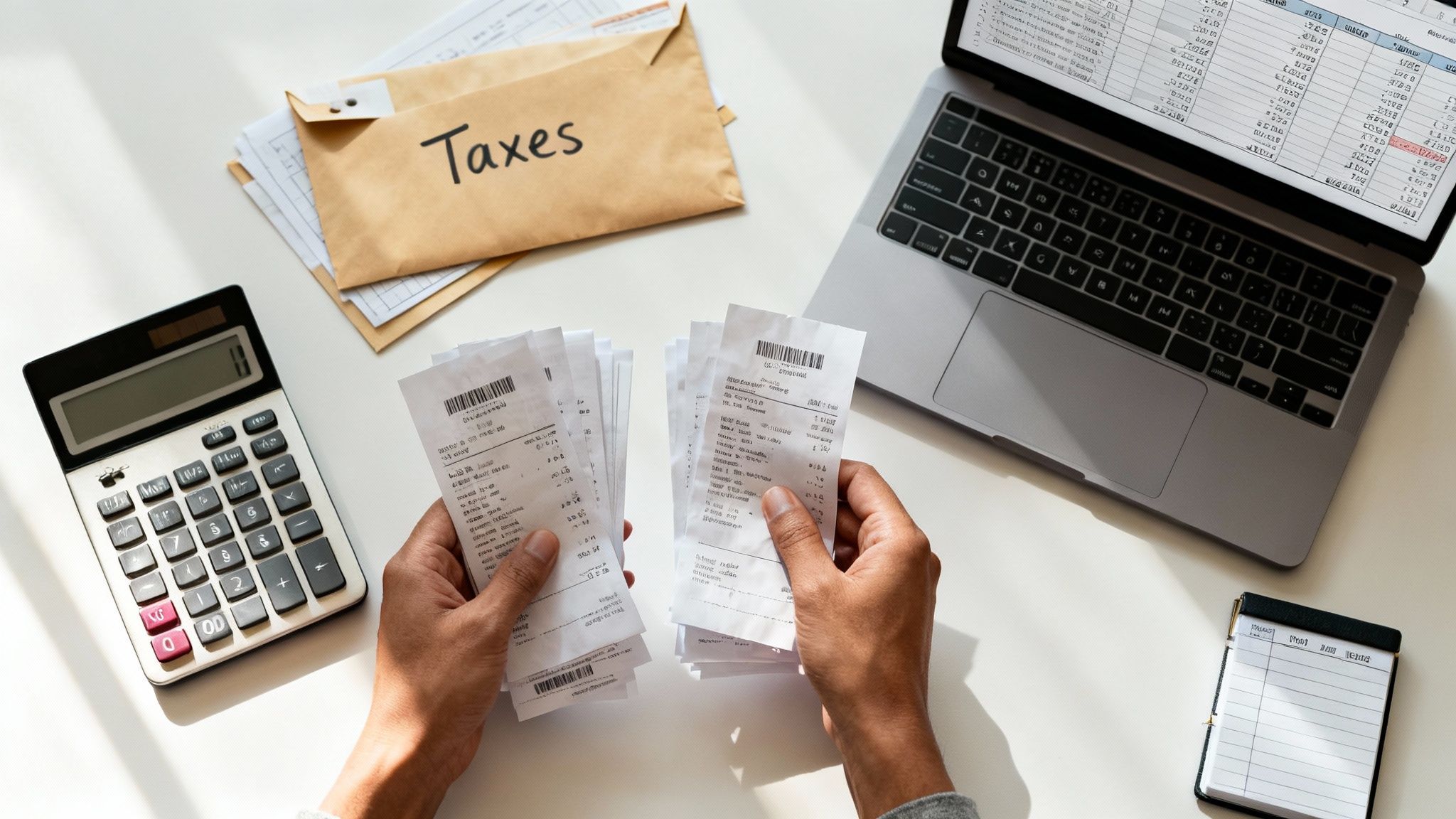 A person's hands holding stacks of receipts on a desk with a calculator, laptop, and an envelope labeled 'Taxes'.