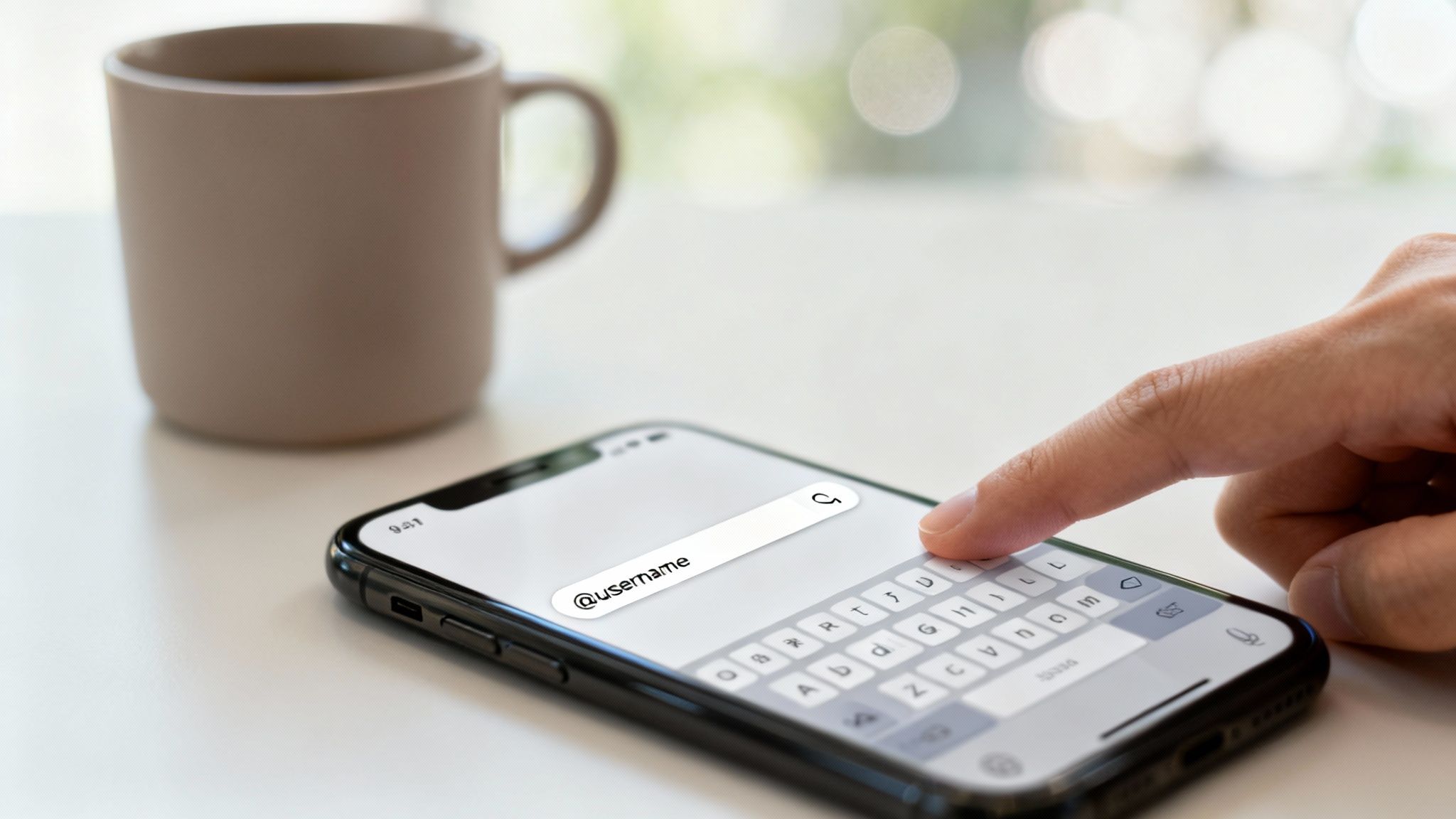 Close-up of a hand typing a username into a smartphone search bar with a coffee mug.