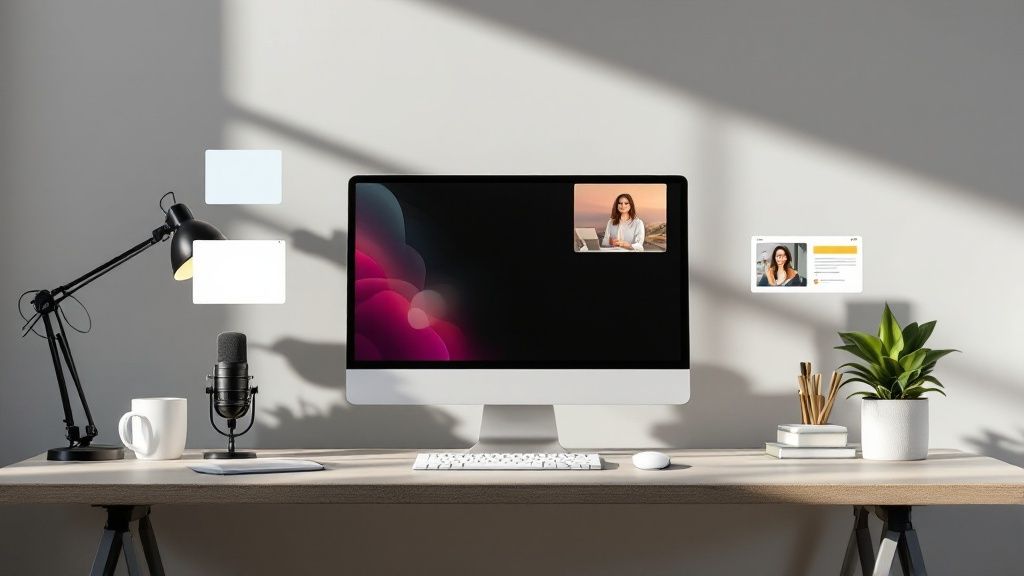 A person using a laptop with design software on the screen, surrounded by color swatches and design elements, showcasing the creative process.