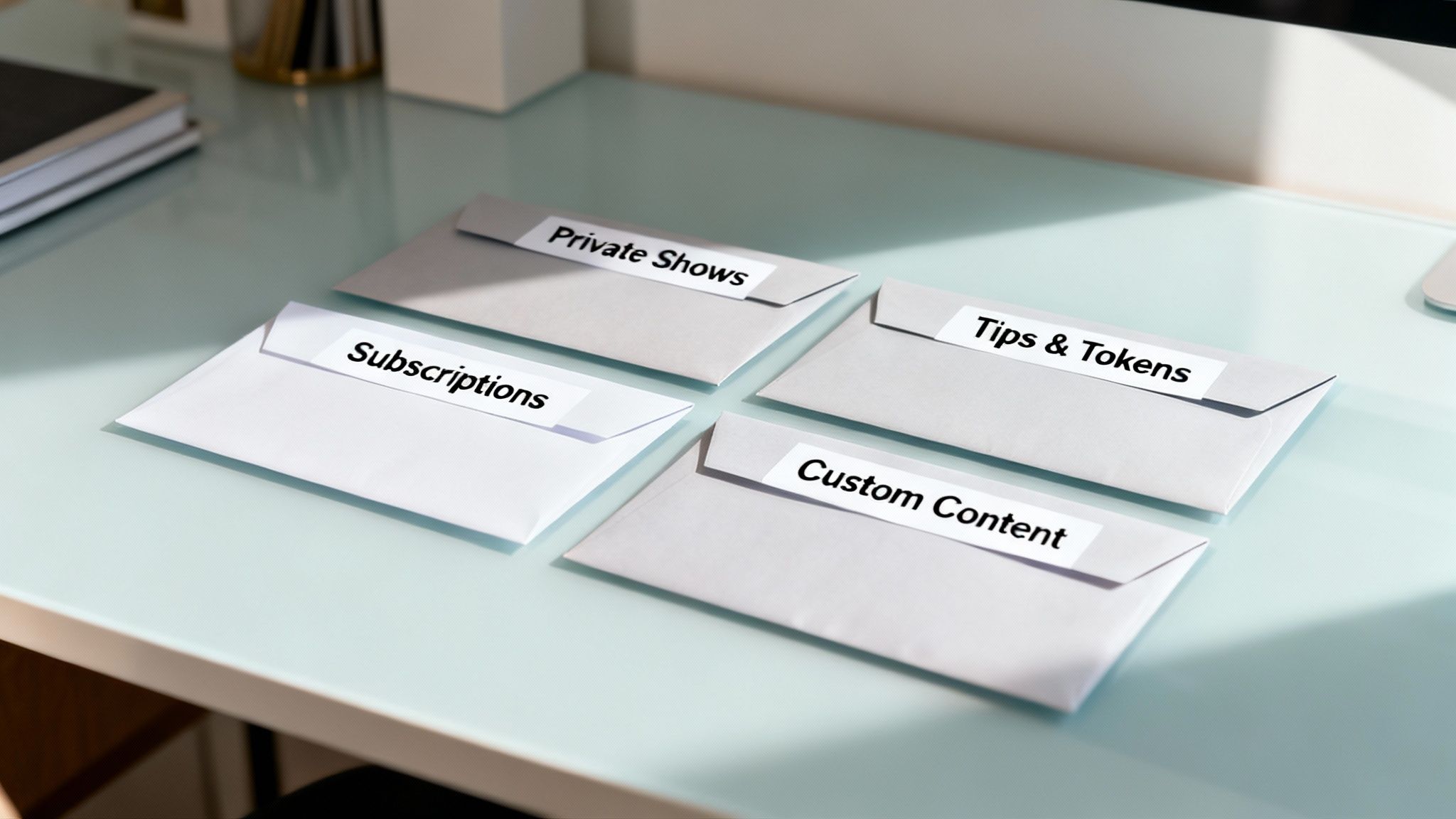 Four white cards on desk showing webcam model income streams: subscriptions, private shows, tips and tokens, custom content