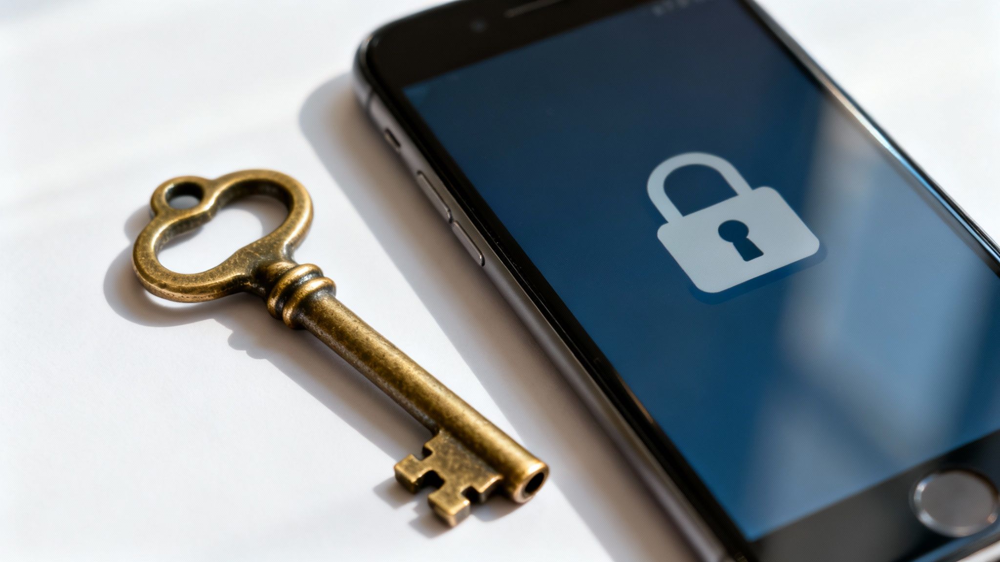 An antique brass key lying beside a black smartphone with a white padlock icon on its screen.