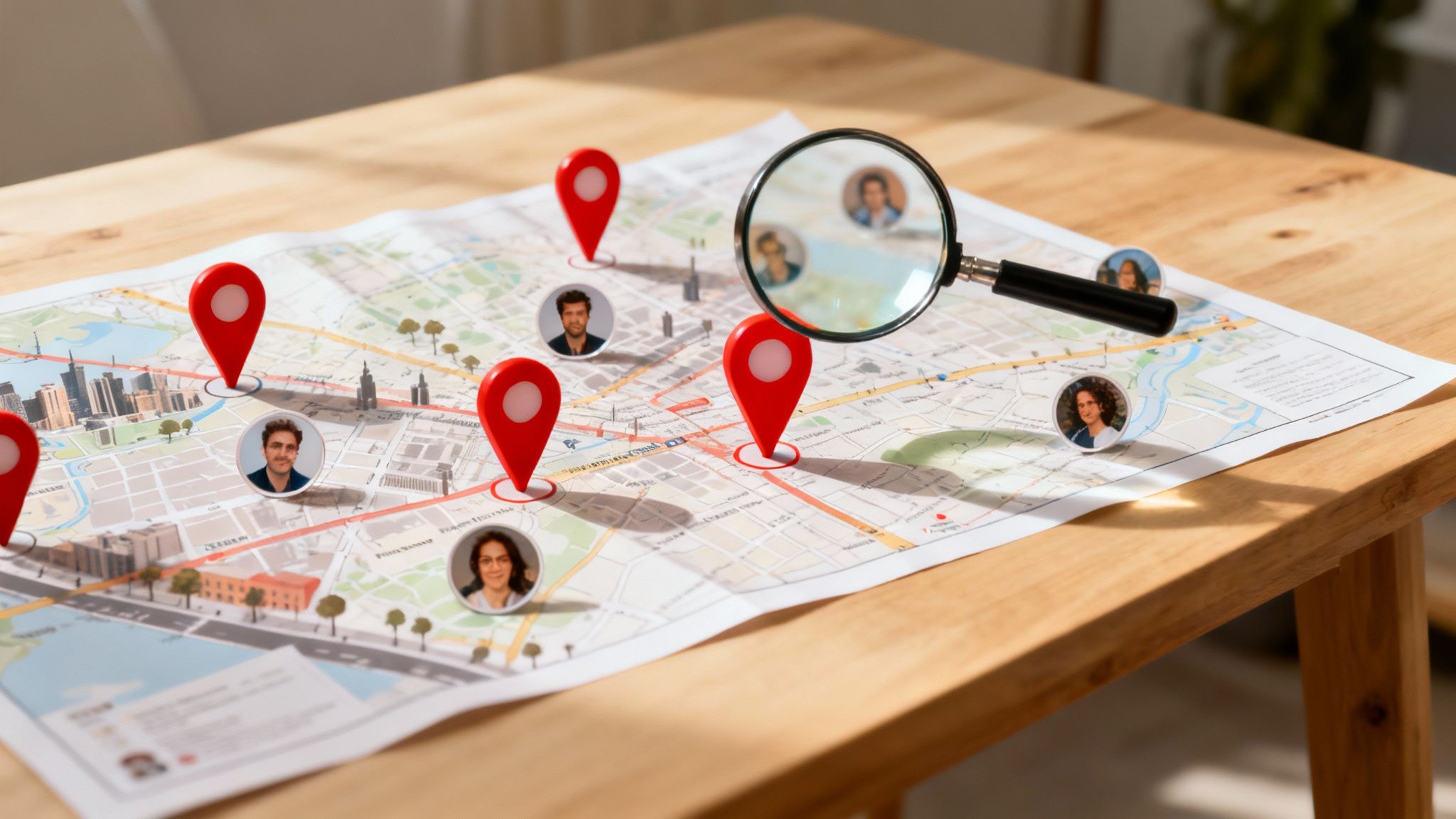 Close-up of a digital map on a screen with glowing pins indicating different locations, representing a finder map interface.