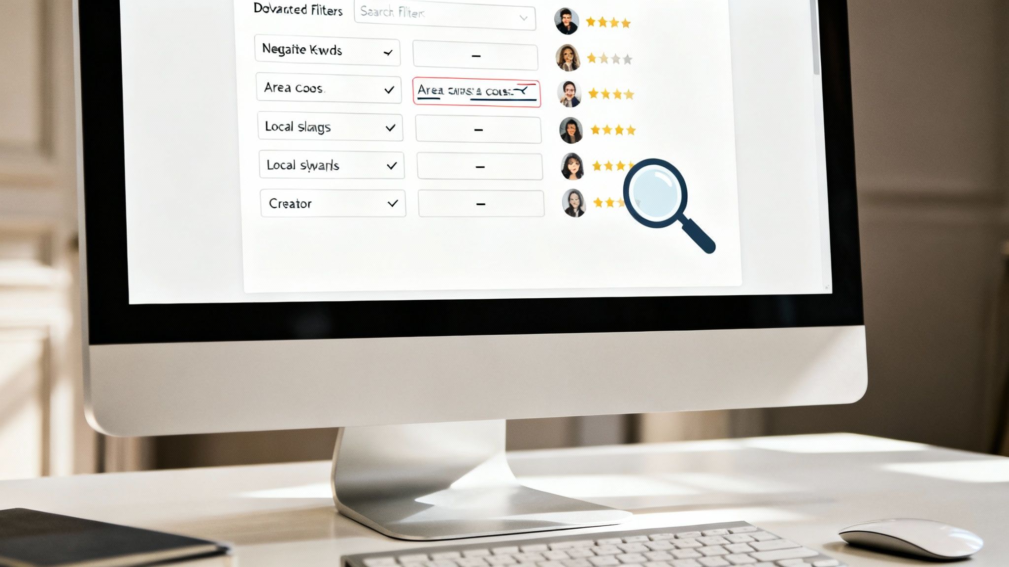 A person fine-tuning search filters on a laptop screen