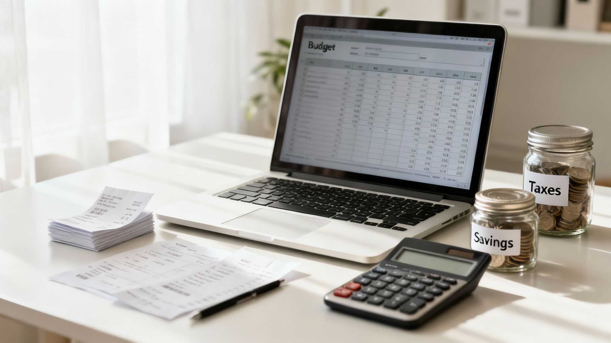 Laptop displaying budget spreadsheet with calculator, receipts, and savings jars on desk