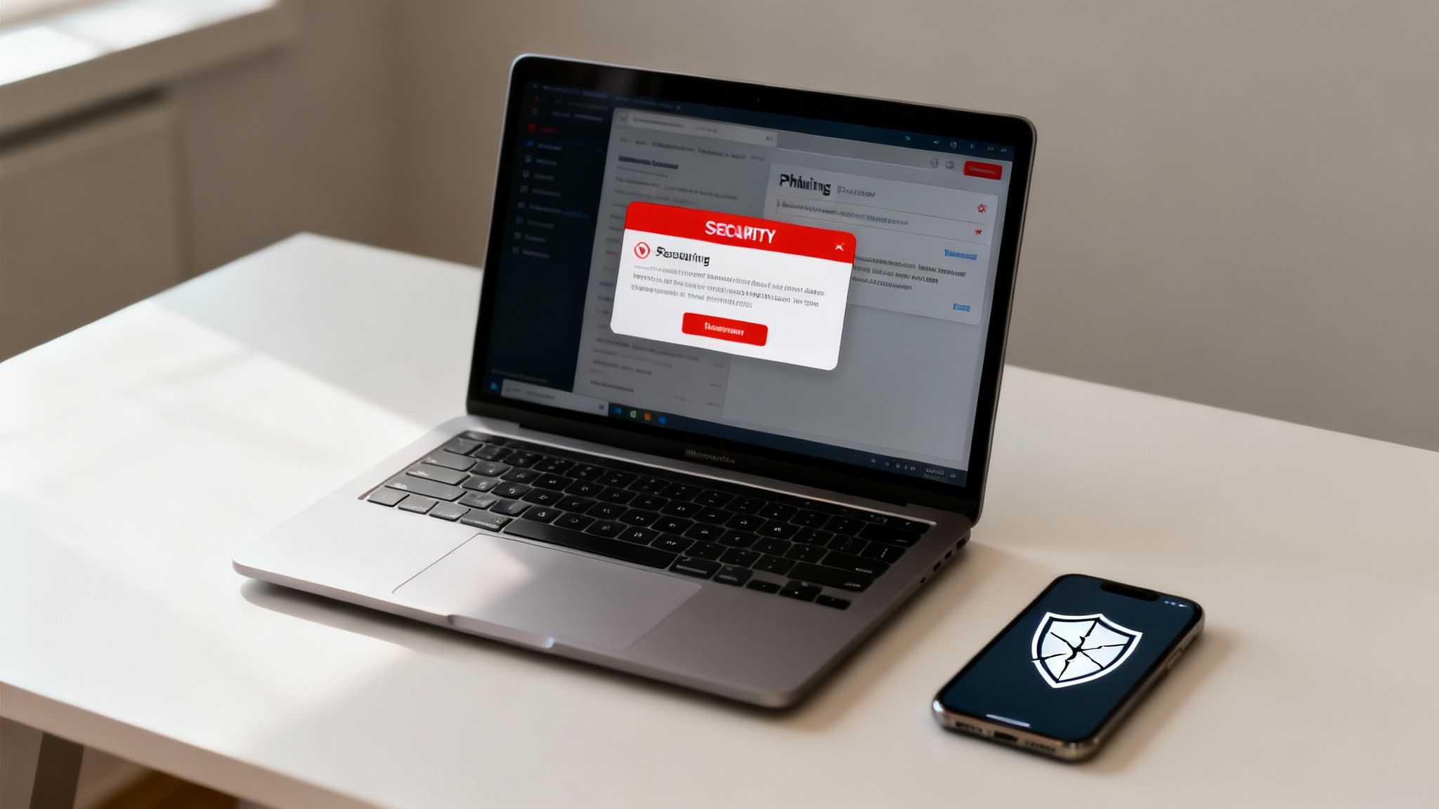 A laptop screen shows a security warning about phishing, next to a smartphone with a broken shield icon.