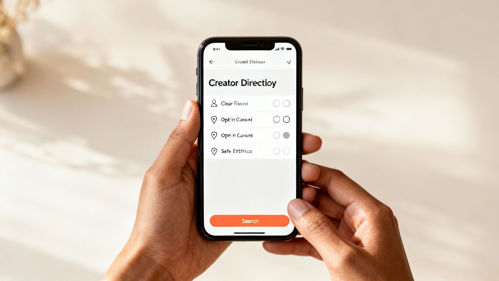 A person's hands holding a smartphone, with a search bar and location icons on the screen, symbolizing a safe and controlled search.