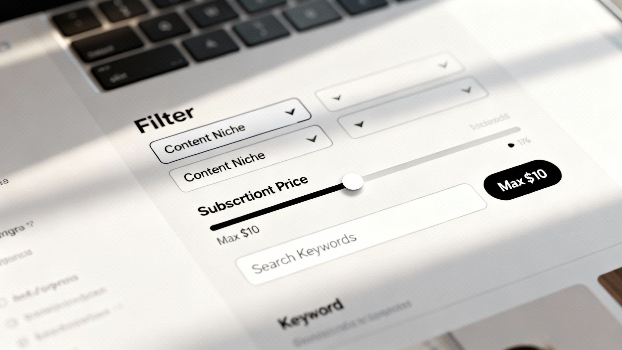 A close-up of a smartphone screen showing advanced search filters like niche, price, and activity level.