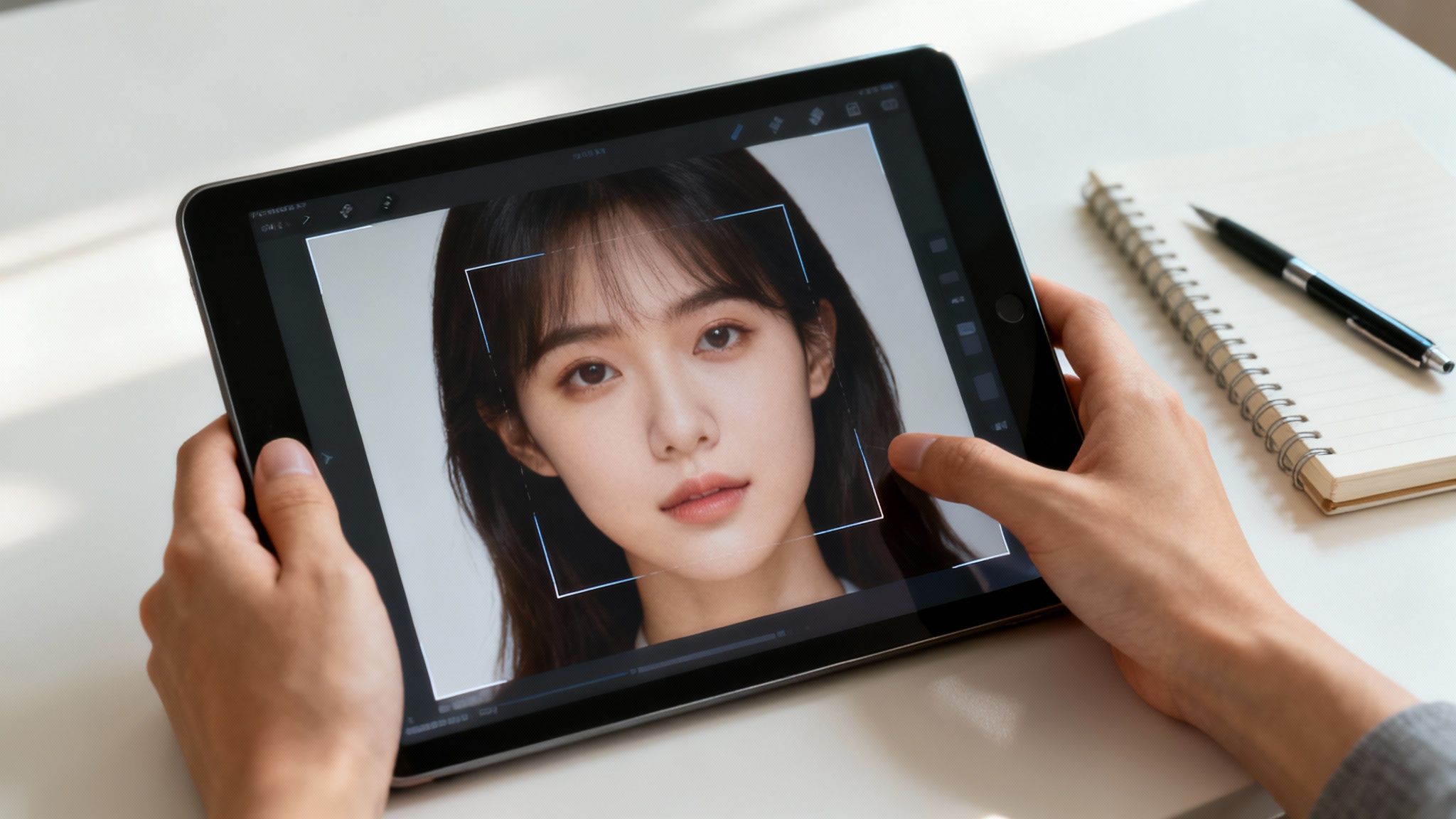 A person using a magnifying glass to inspect a digital photograph on a screen