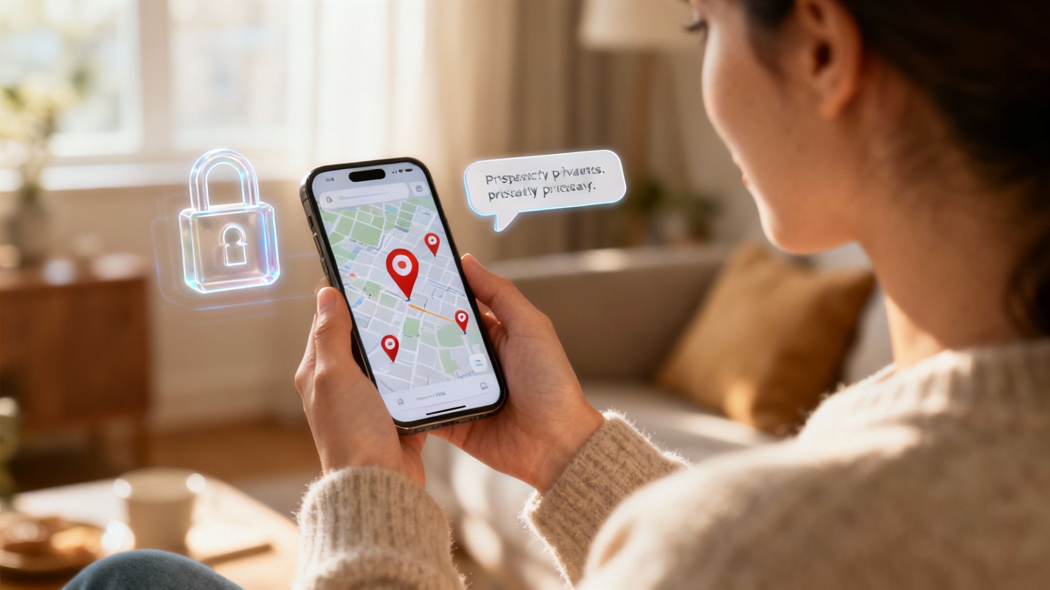 A person's hands holding a smartphone displaying a map with several location pins, with a soft, blurred background emphasizing privacy and digital connection.
