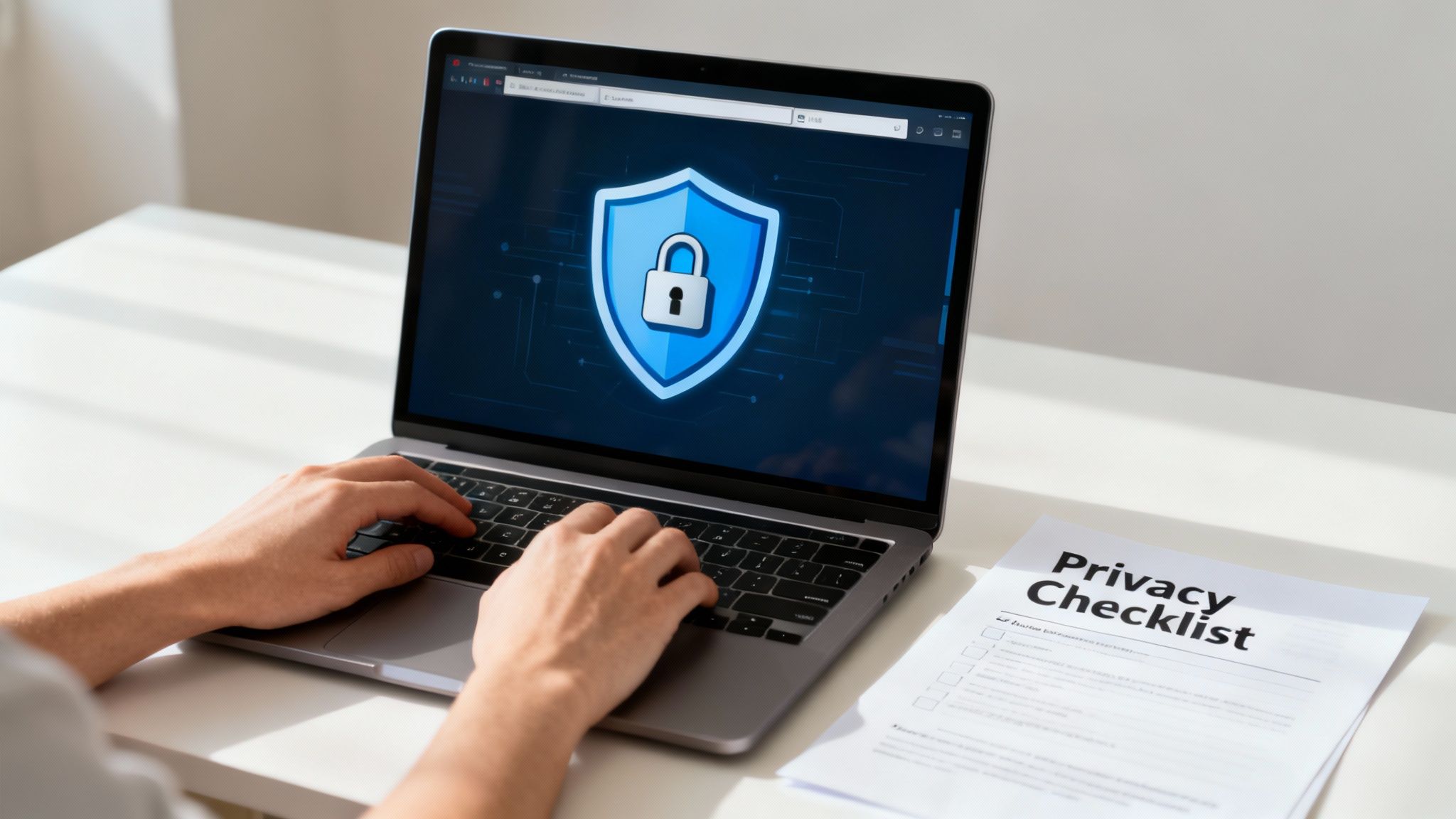 Person typing on a laptop with a blue digital privacy shield and padlock icon on screen, next to a 'Privacy Checklist' document.