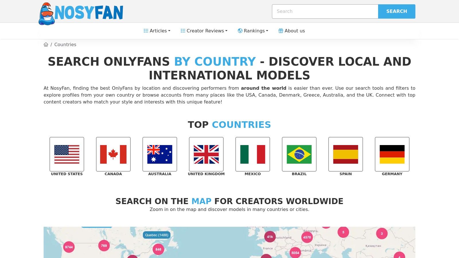 NosyFan's interactive map interface for discovering creators by location.