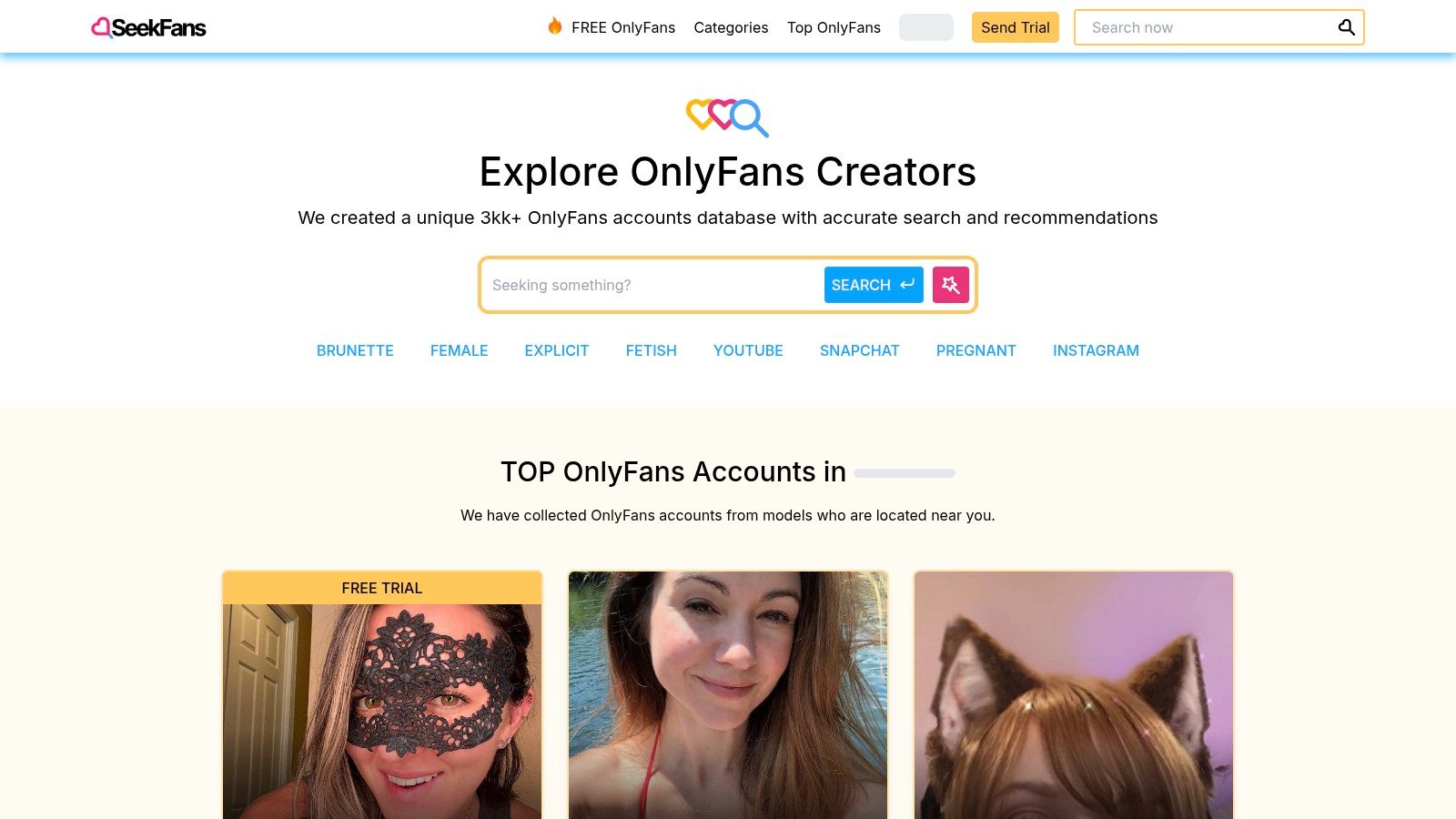 SeekFans (OnlyFans catalog with “FREE OnlyFans Accounts” section)