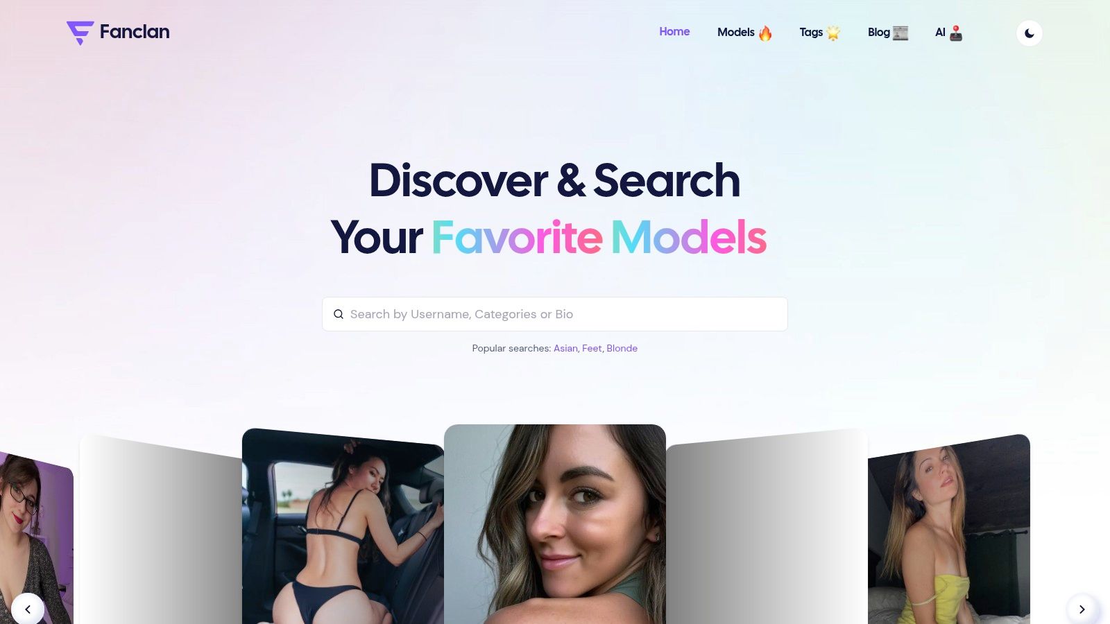 Fanclan website homepage showcasing its search and filtering capabilities for finding adult cam models.