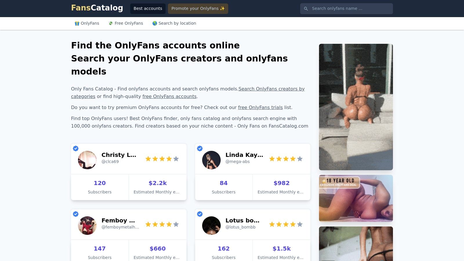 FansCatalog (directory with 'top users,' free trials, and estimates)
