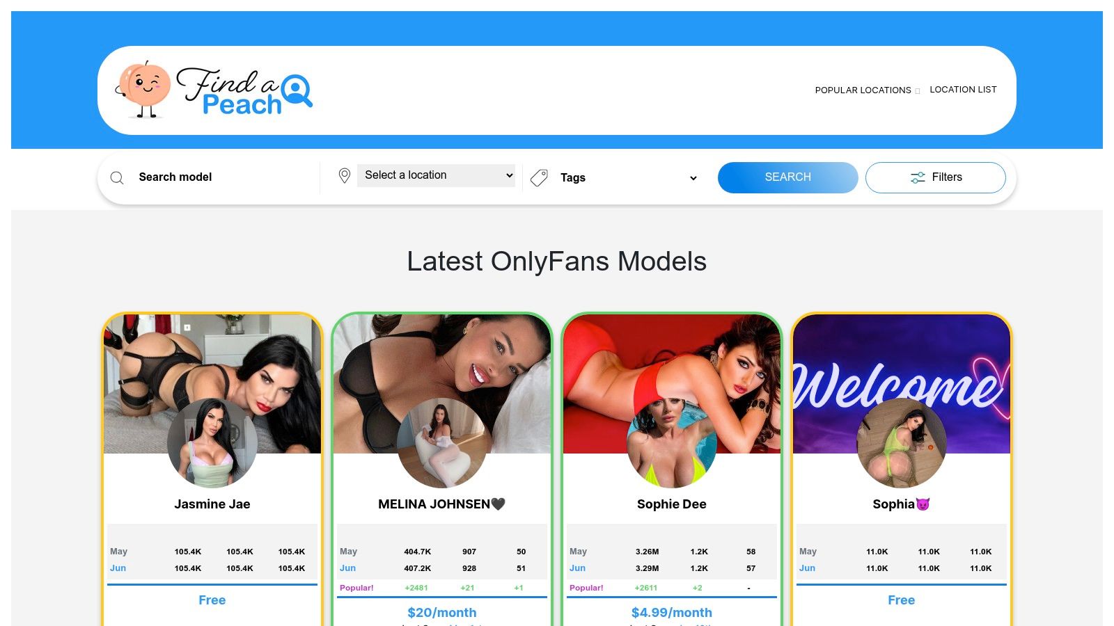 FansModelFinder platform showcasing its search and filtering options.