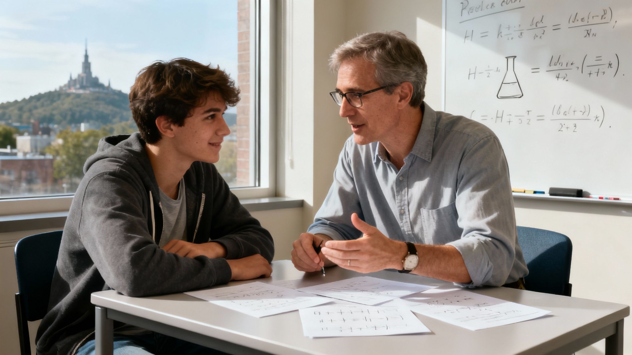 Un tuteur aidant un élève avec des modèles de molécules scientifiques sur un bureau