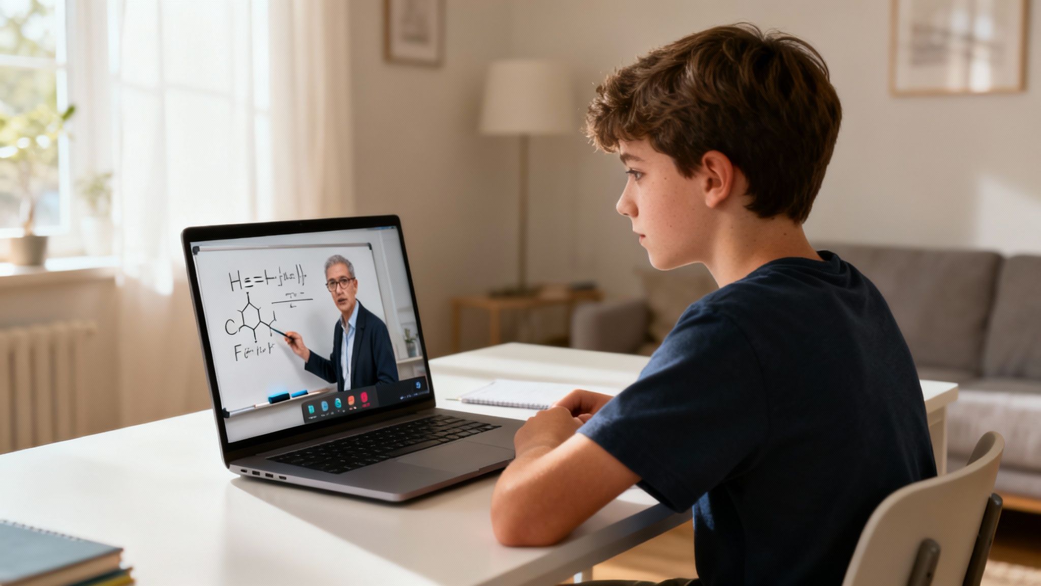 Jeune étudiant suivant un cours de sciences en ligne avec professeur sur ordinateur portable