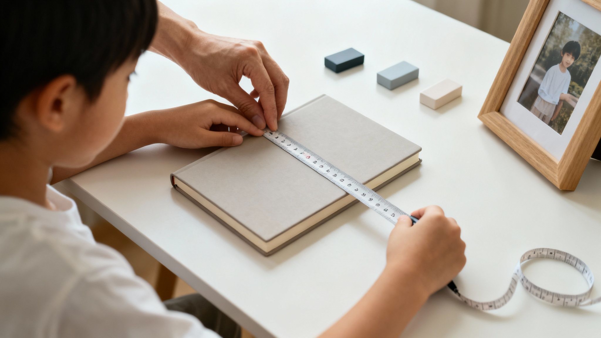 Un enfant et un adulte mesurent un livre sur une table blanche avec une règle.