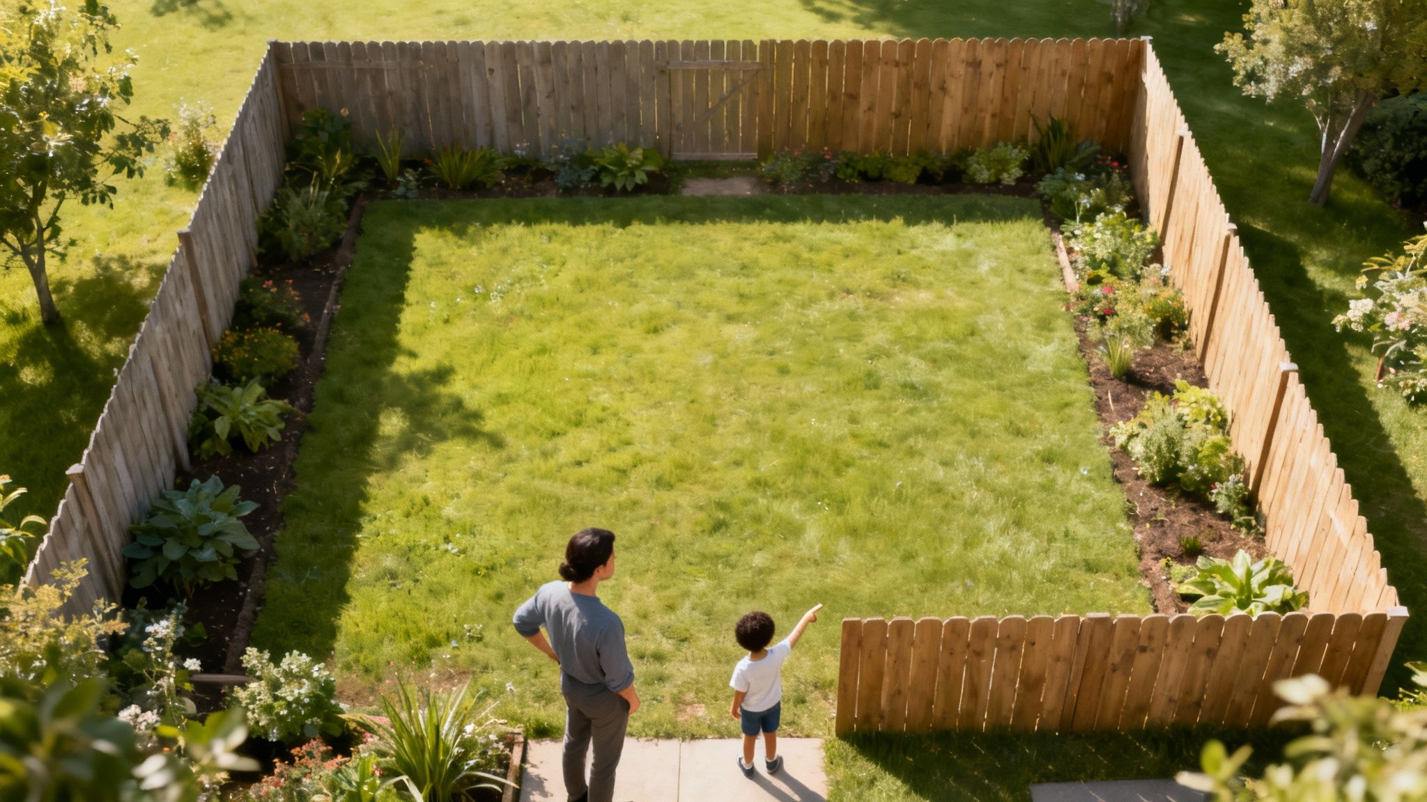 Vue aérienne d'un père et son fils dans un jardin clos, avec pelouse et plates-bandes.