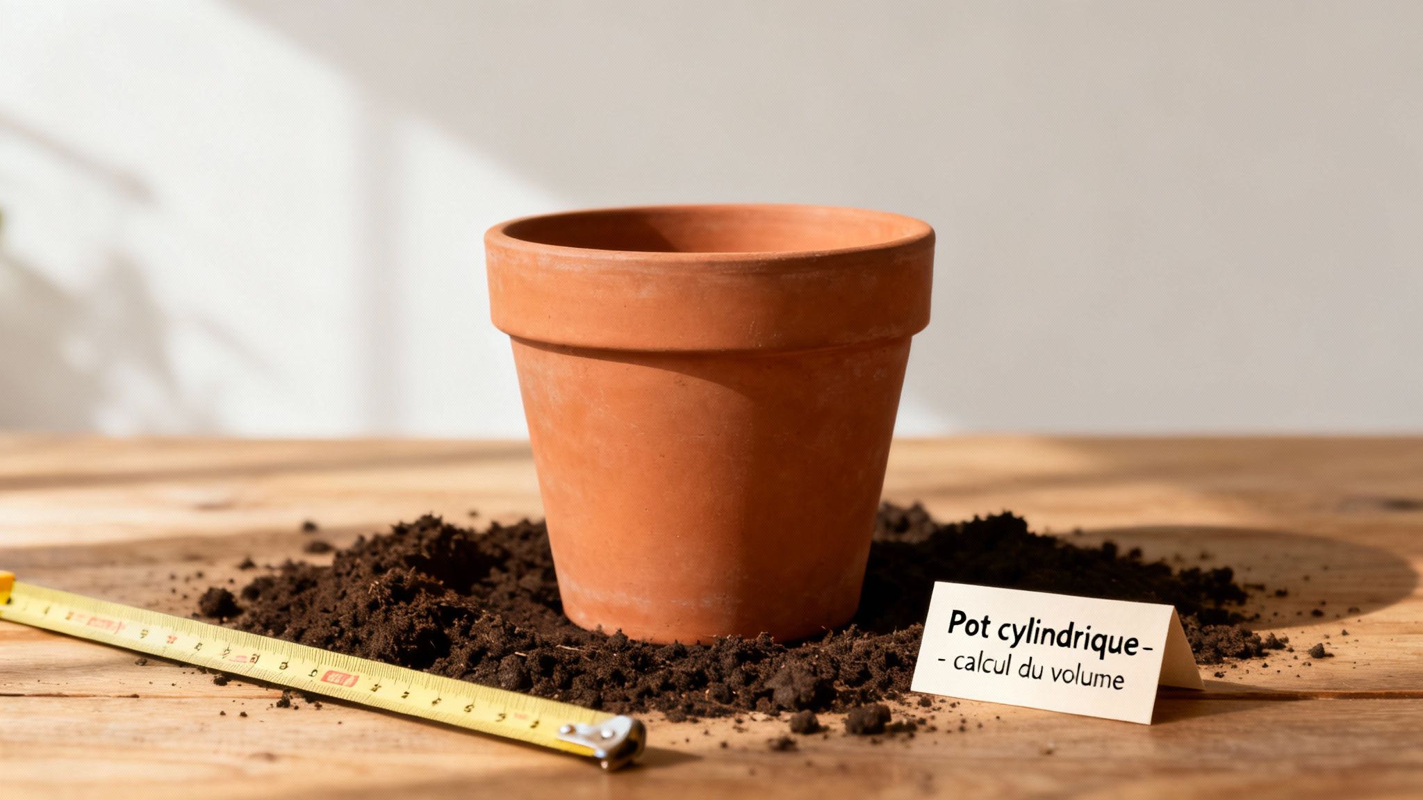 Un pot en terre cuite posé sur un tas de terre, avec un ruban à mesurer et un panneau indiquant le calcul du volume.