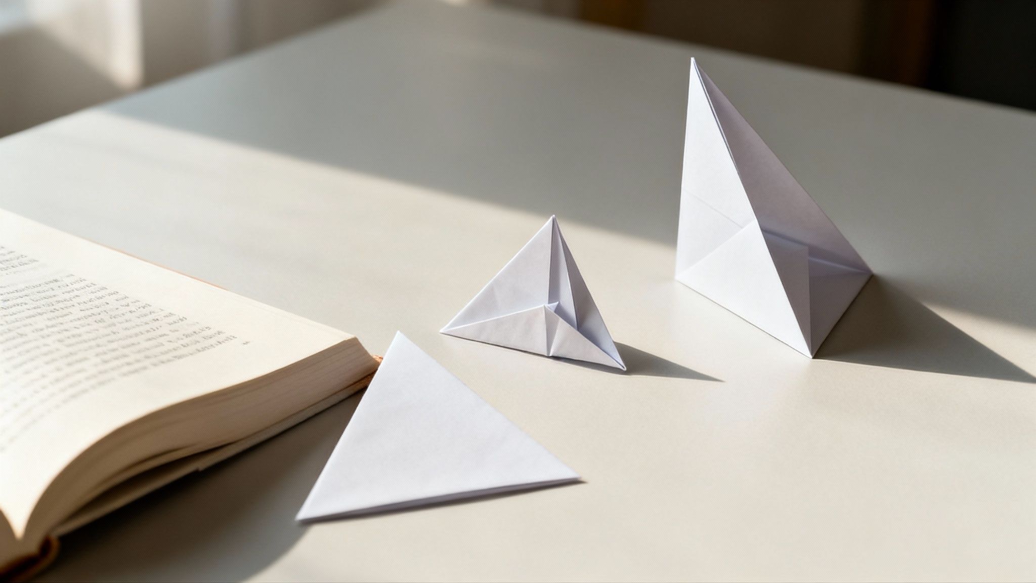 Livre ouvert et trois triangles en papier blanc sur une table ensoleillée, avec des ombres marquées.