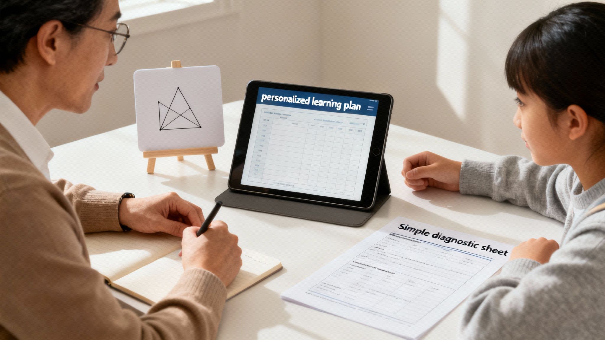 Un tuteur souriant travaillant avec un élève sur des problèmes de mathématiques.