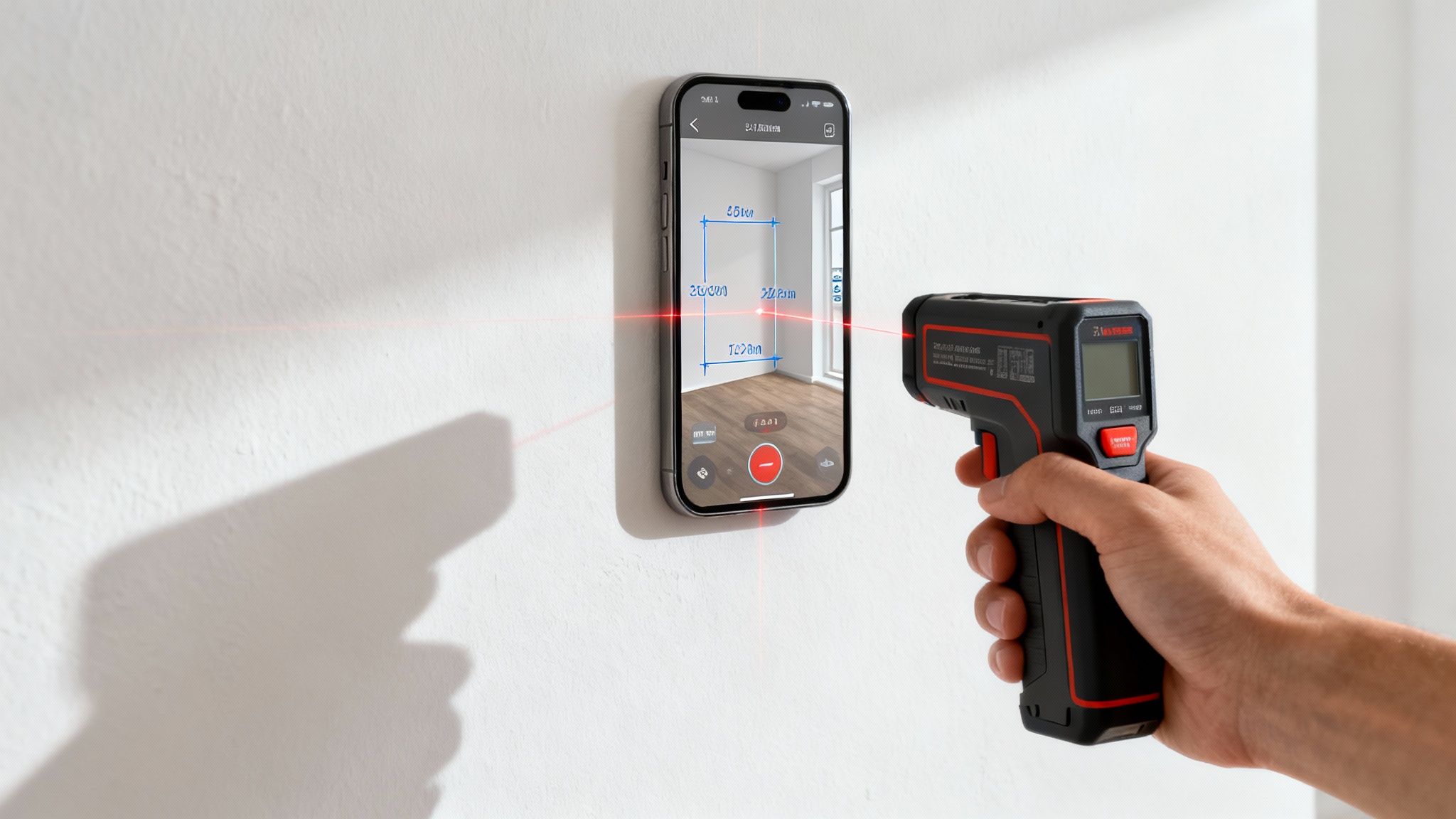 Personne utilisant un télémètre laser pour mesurer un mur de salon.