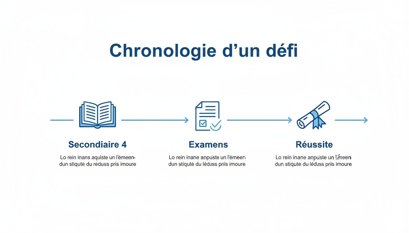 Diagramme chronologique illustrant les étapes éducatives : Secondaire 4 (livre), Examens (document), Réussite (diplôme).