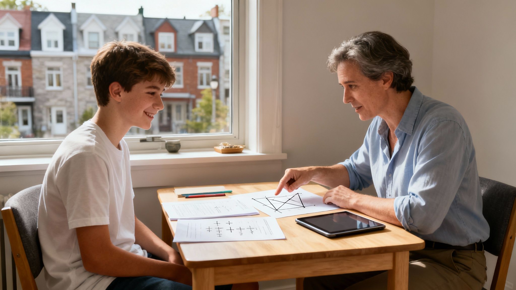 Une tutrice explique des concepts mathématiques à un jeune élève à une table