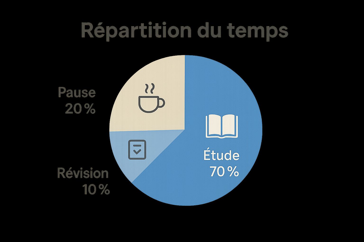Infographie montrant la répartition du temps d'étude en trois segments : Étude, Pause, et Révision.