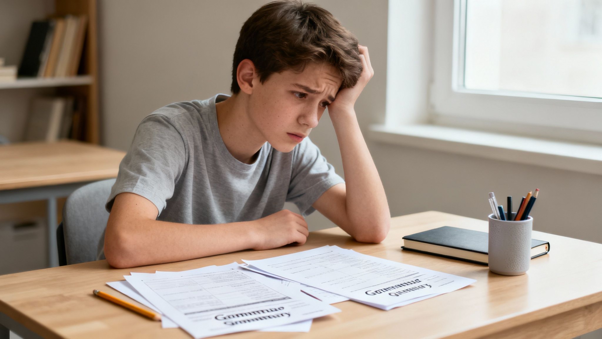 Jeune garçon l'air préoccupé, avec des papiers d'étude sur un bureau en bois clair.