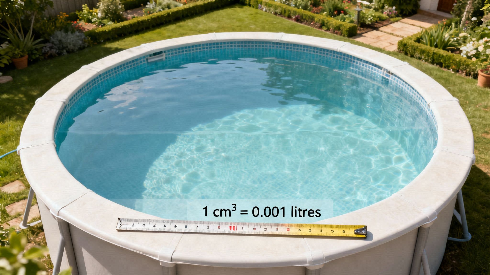 Piscine hors-sol ronde dans un jardin, avec un mètre ruban et une formule de conversion de volume.
