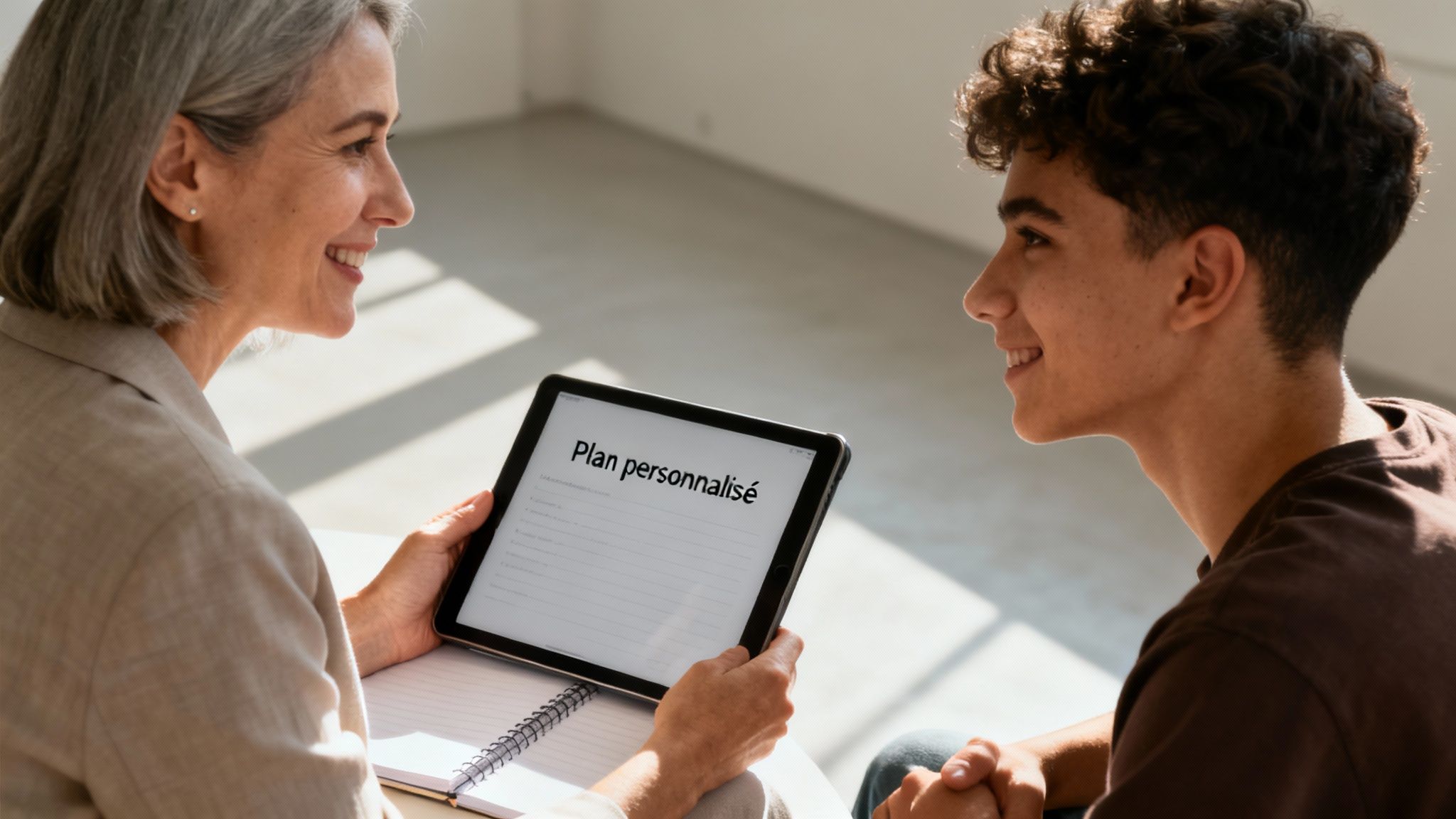 Un tuteur souriant et une jeune élève travaillant ensemble à un bureau, illustrant une approche de tutorat personnalisée et encourageante.