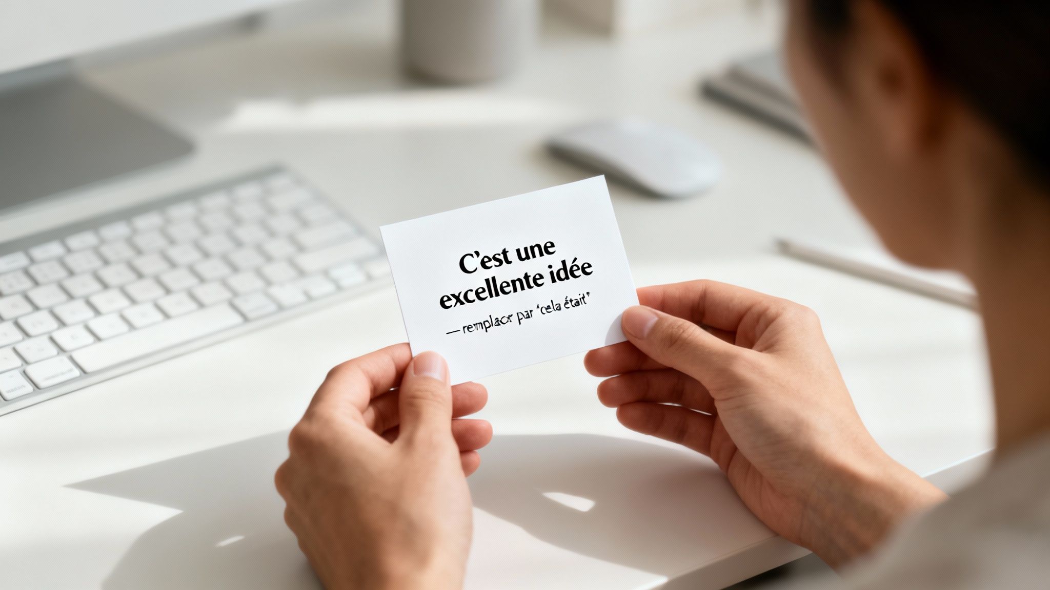 Personne tenant une carte avec « C'est une excellente idée » et une correction grammaticale sur un bureau.