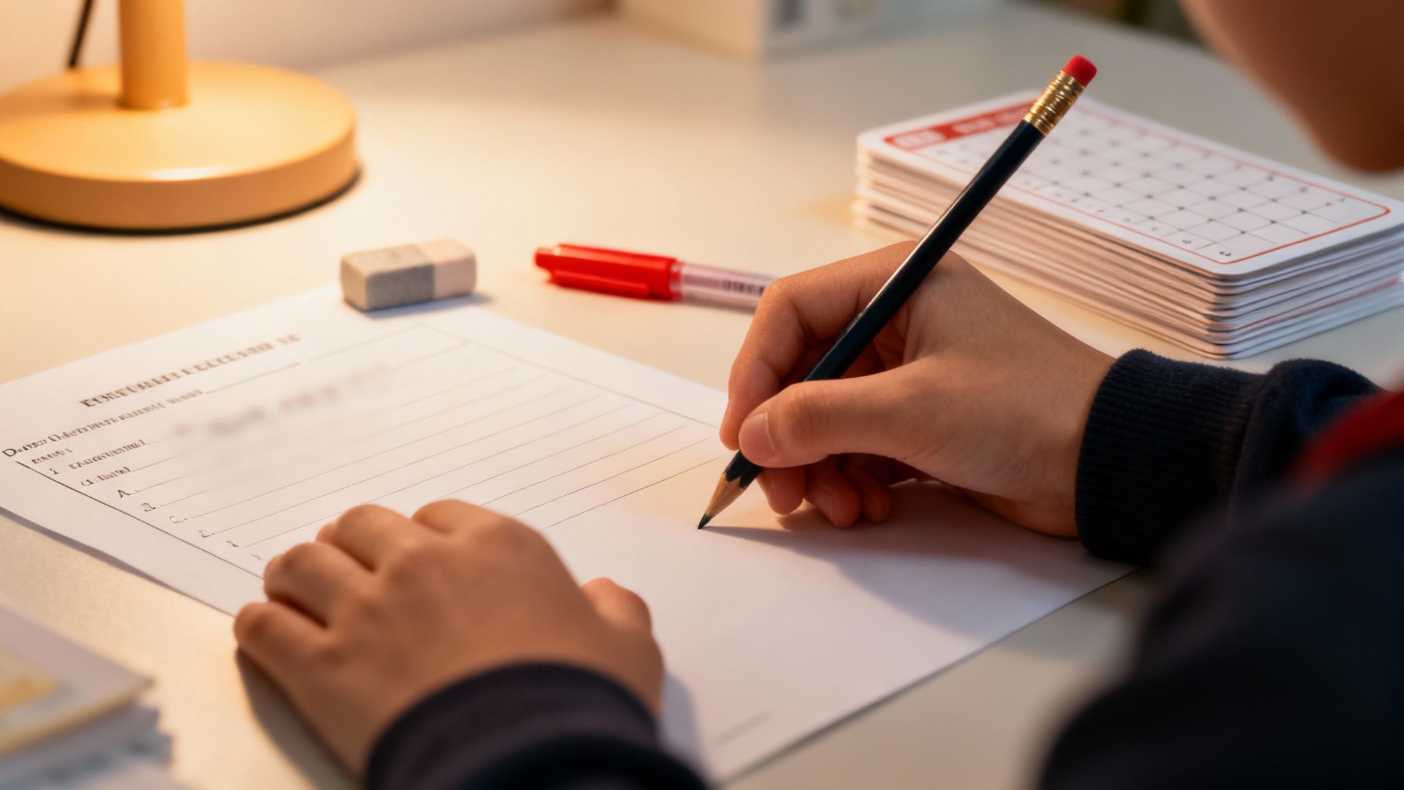 Main d'un enfant écrivant avec un crayon sur une feuille sous la lumière d'une lampe de bureau.