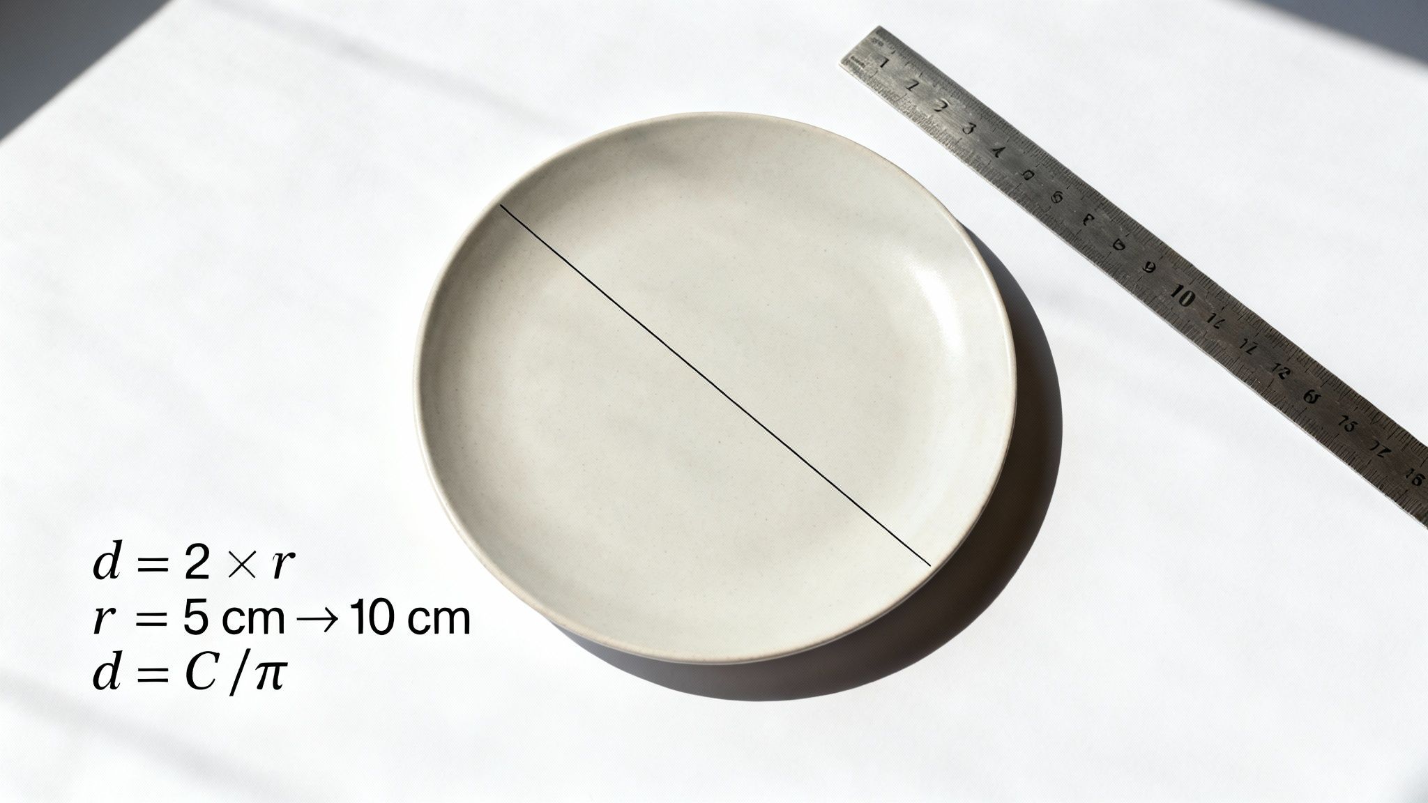 Une assiette claire avec une ligne noire représentant son diamètre. Une règle est visible, et des formules de calcul du diamètre sont affichées.