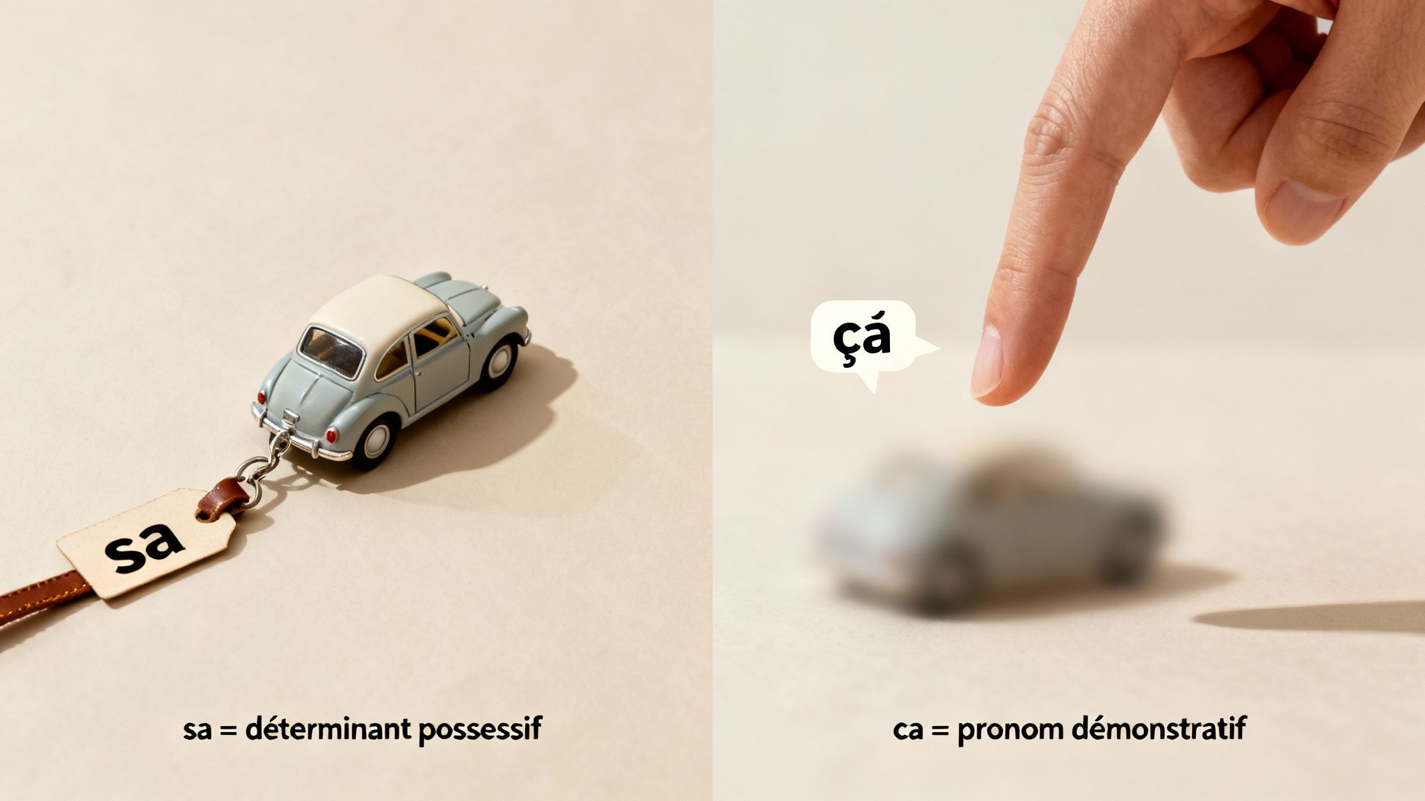 Comparaison de 'sa' (déterminant possessif) et 'ça' (pronom démonstratif) avec des exemples visuels clairs.