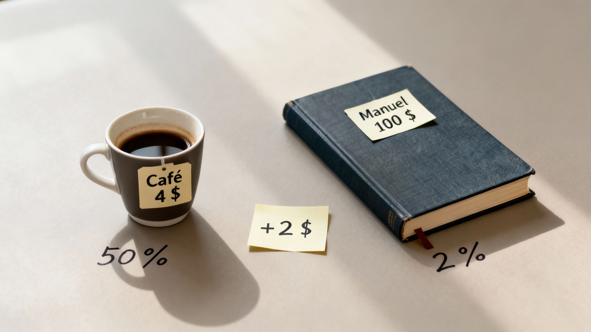 Comparaison de la variation de prix d'un café à 4$ (50%) et d'un livre à 100$ (2%).