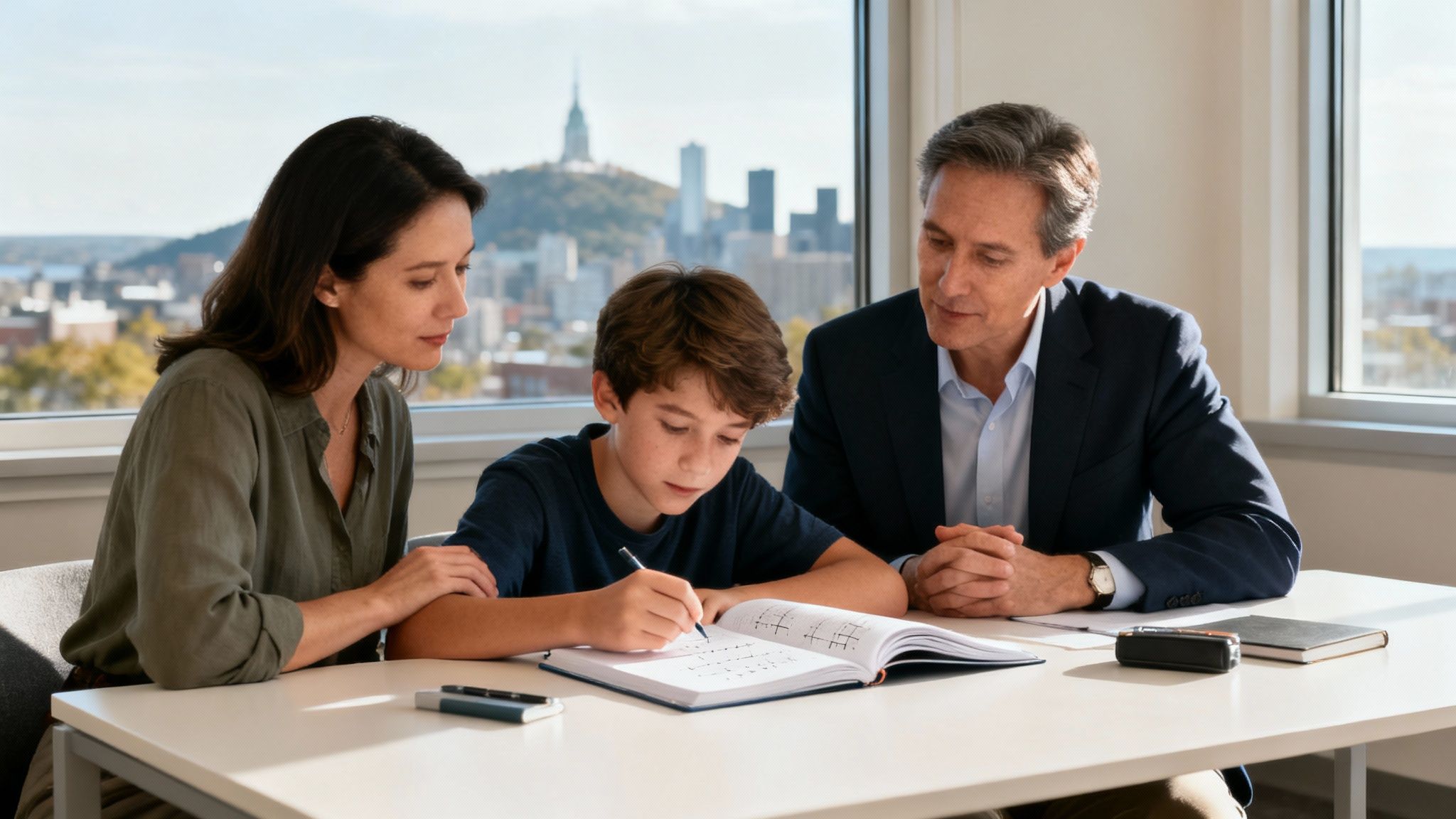 Un tuteur aidant un jeune élève avec ses devoirs de mathématiques à une table.