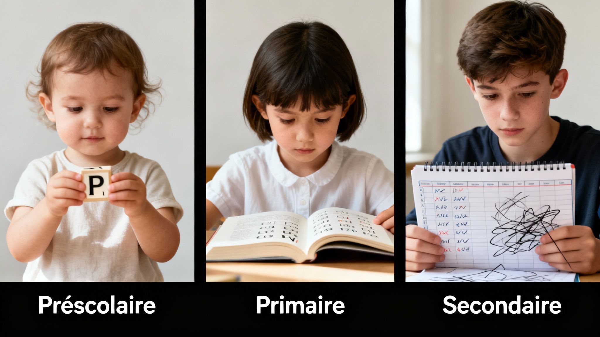 Trois enfants de différents âges représentant les étapes préscolaire, primaire et secondaire en apprentissage.
