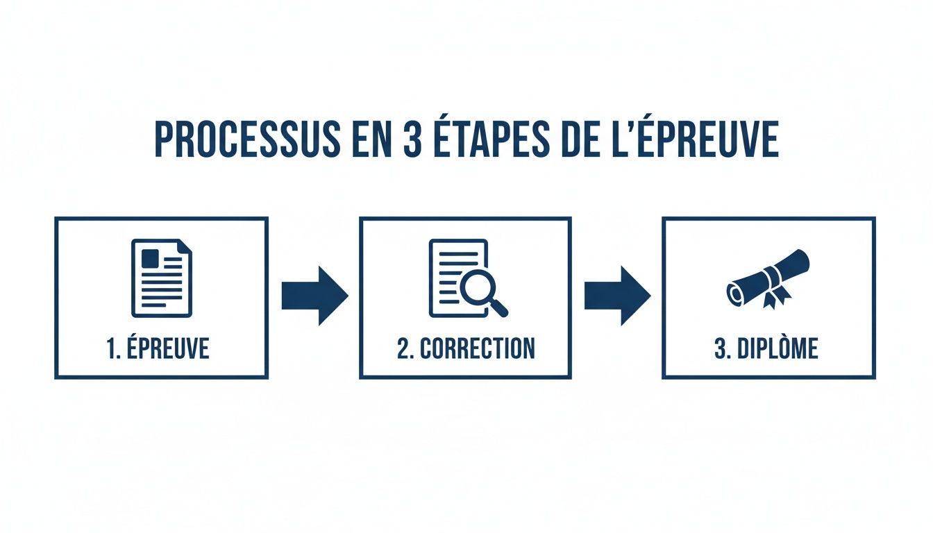 Infographie montrant le processus en 3 étapes d'un examen: épreuve, correction et obtention du diplôme.