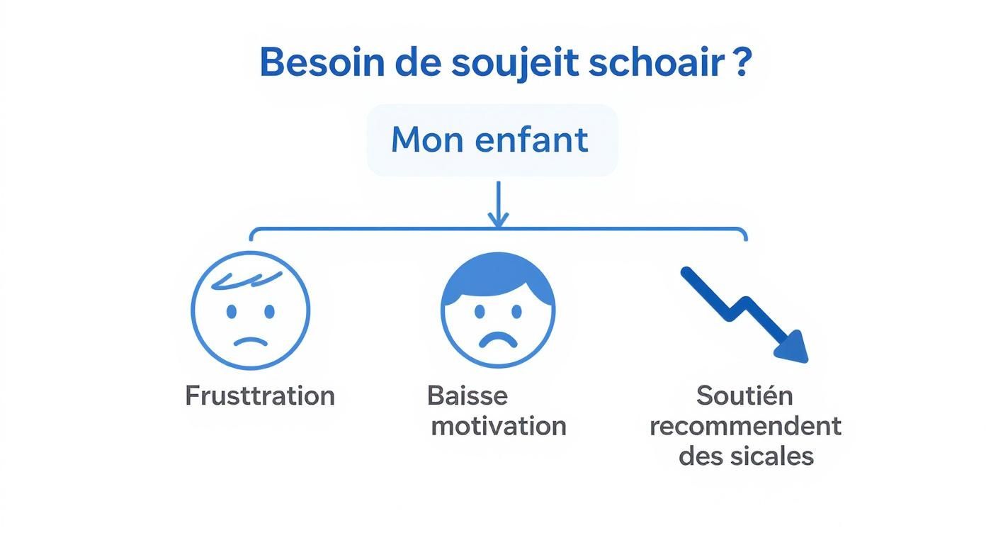 Diagramme montrant les signes de besoin de soutien scolaire chez l'enfant: frustration, baisse de motivation et résultats en déclin
