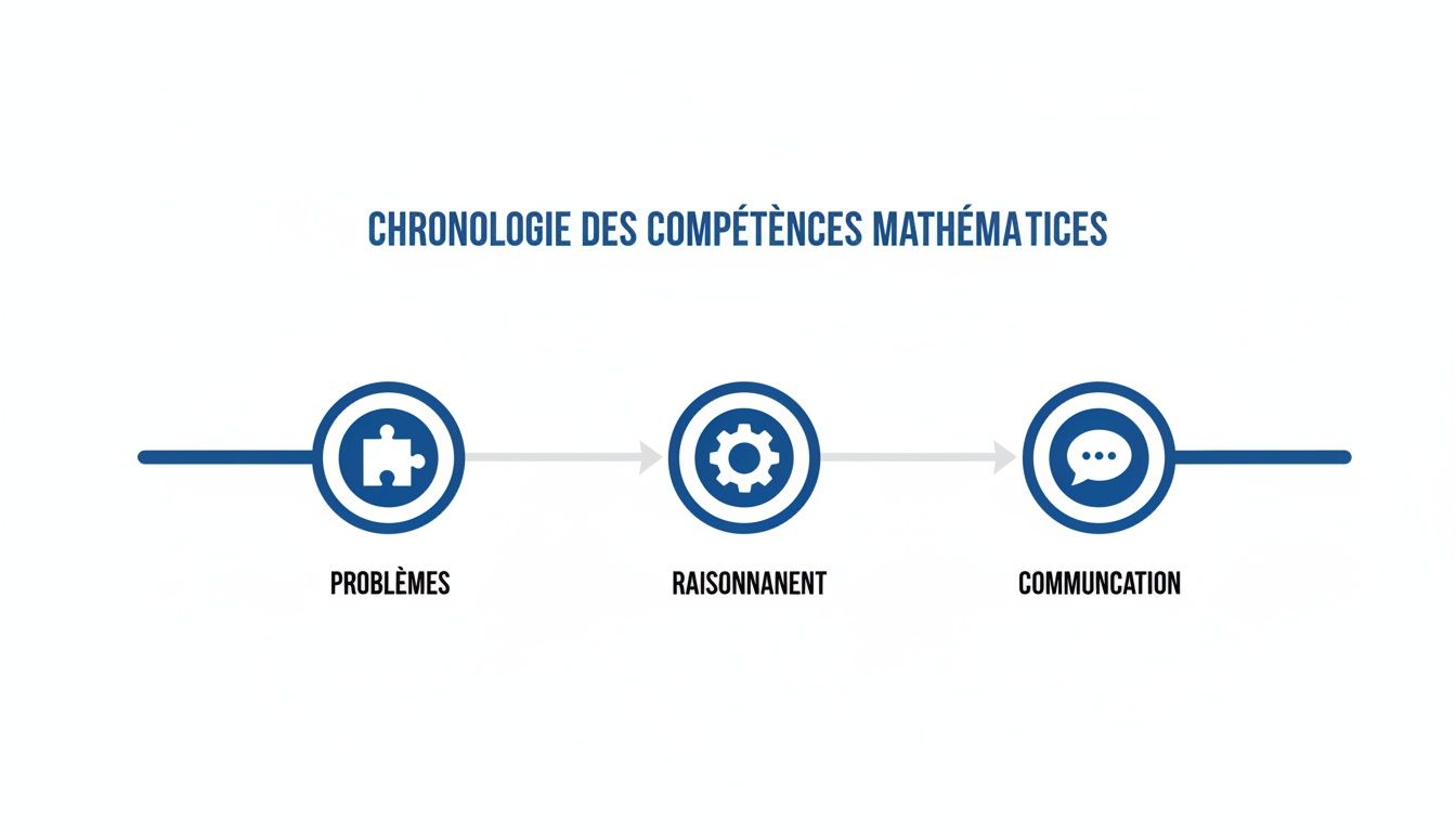 Une chronologie des compétences mathématiques illustrant la progression des problèmes, du raisonnement et de la communication.