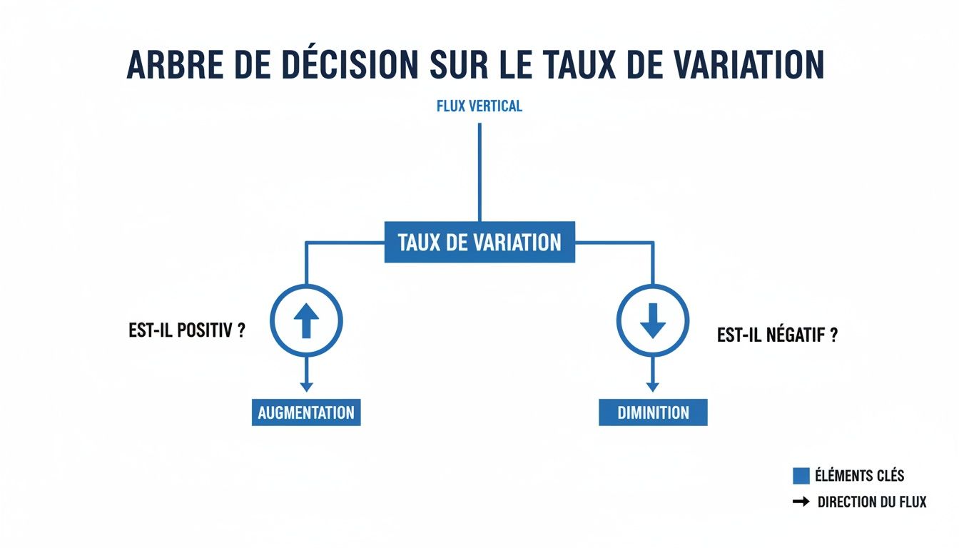 Schéma d'un arbre de décision expliquant le taux de variation, montrant augmentation et diminution.