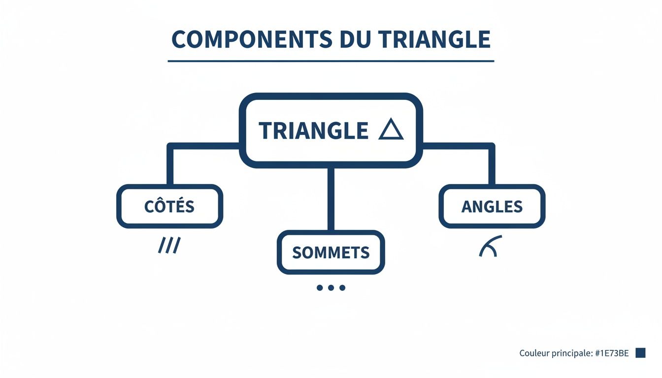 Diagramme éducatif montrant les composants d'un triangle: côtés, sommets et angles.