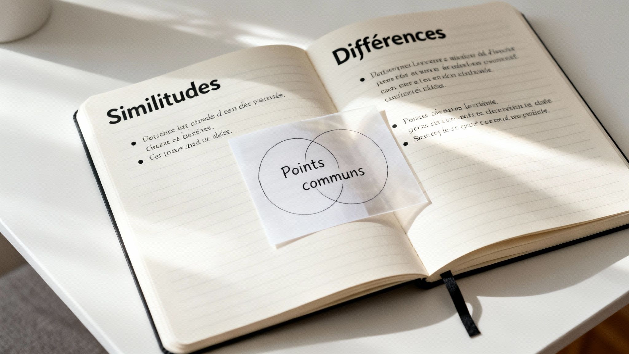 Carnet ouvert avec des notes sur les similitudes et les différences, incluant un diagramme de Venn.