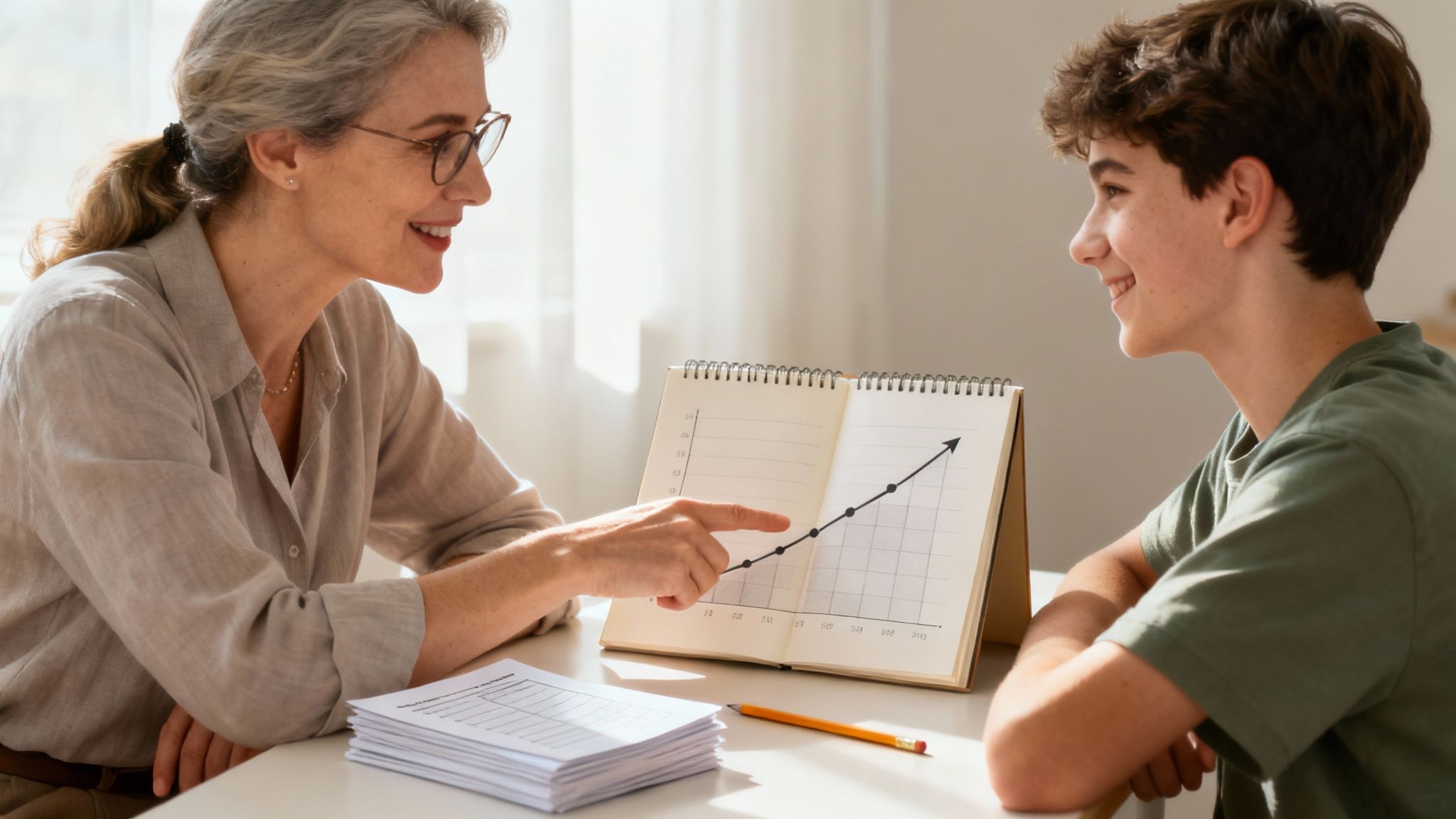 Un parent et son enfant discutent de ses devoirs à la maison, symbolisant le suivi des progrès.