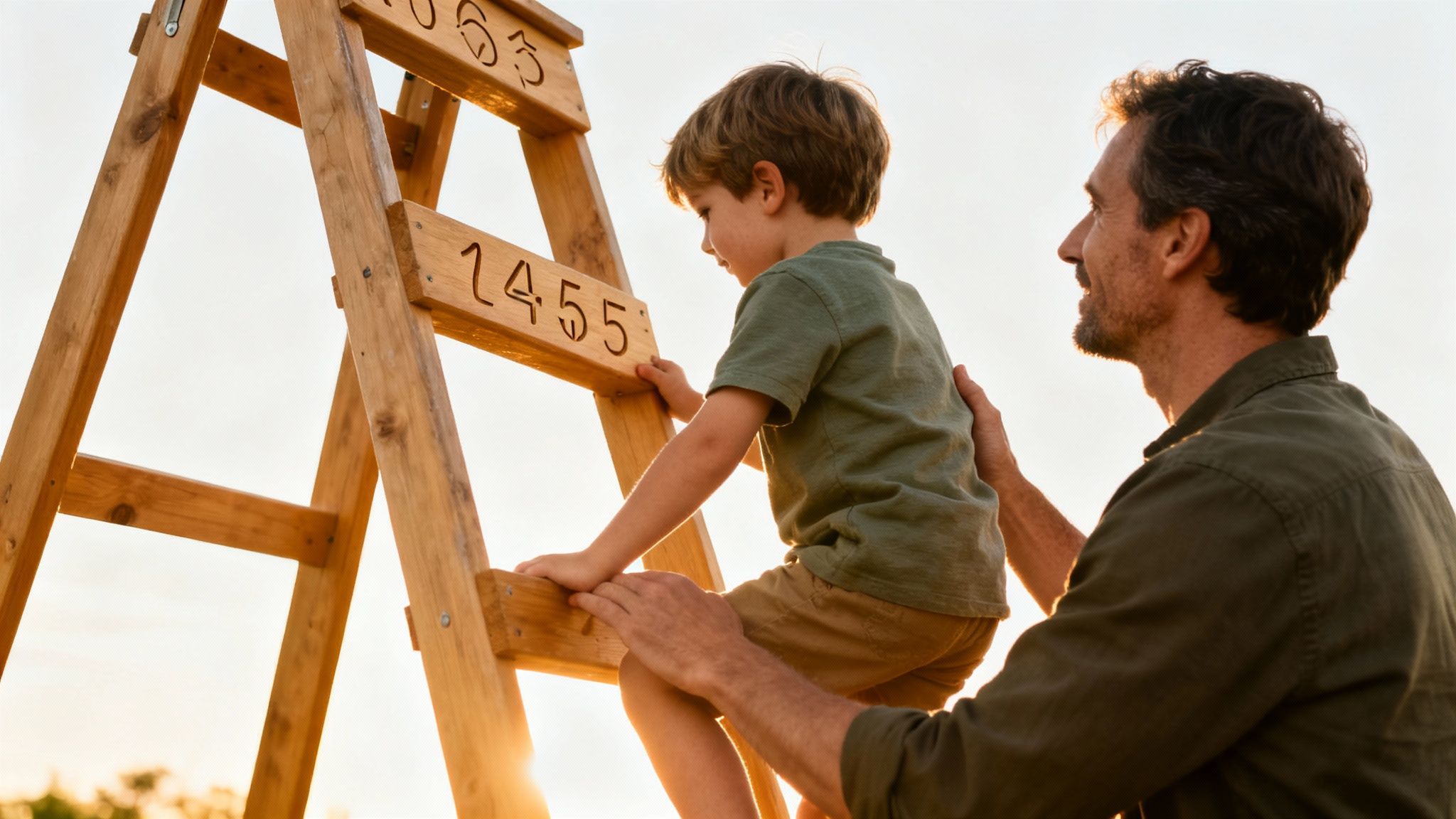 Un père aide son jeune fils à monter une échelle en bois numérotée, symbolisant l'apprentissage et le progrès.