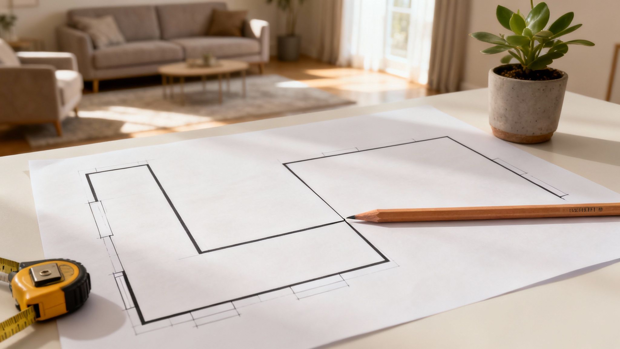 Un plan architectural, un crayon et un mètre ruban sur une table, avec un salon lumineux en arrière-plan.